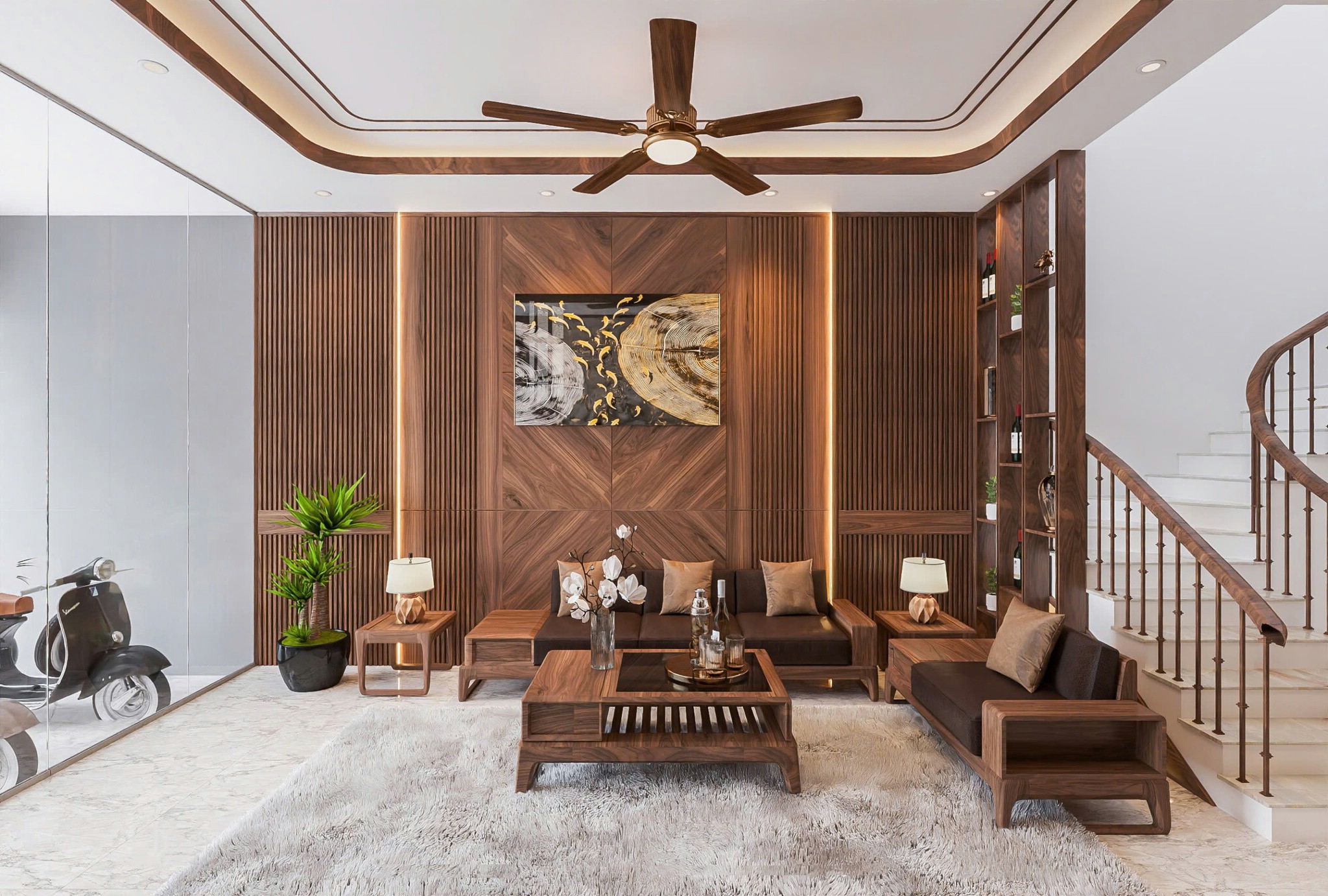 Sofa gỗ đơn giản hiện đại với sofa văng 3 chỗ và ghế đơn kết hợp bàn trà kính đen Sofa gỗ đơn giản nhỏ gọn với đệm da PU màu nâu đen và bàn trà gỗ kính