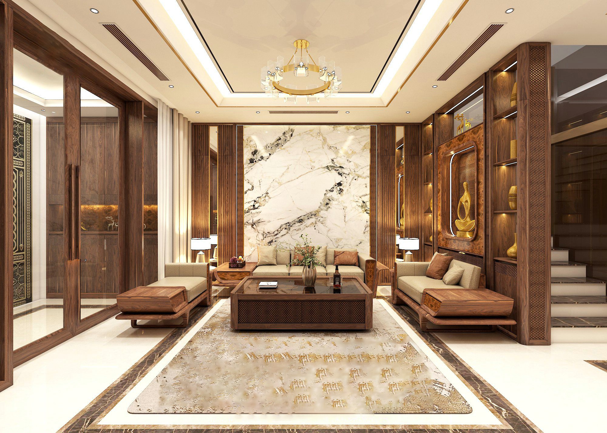 sofa gỗ góc chữ L trong phòng khách hiện đại