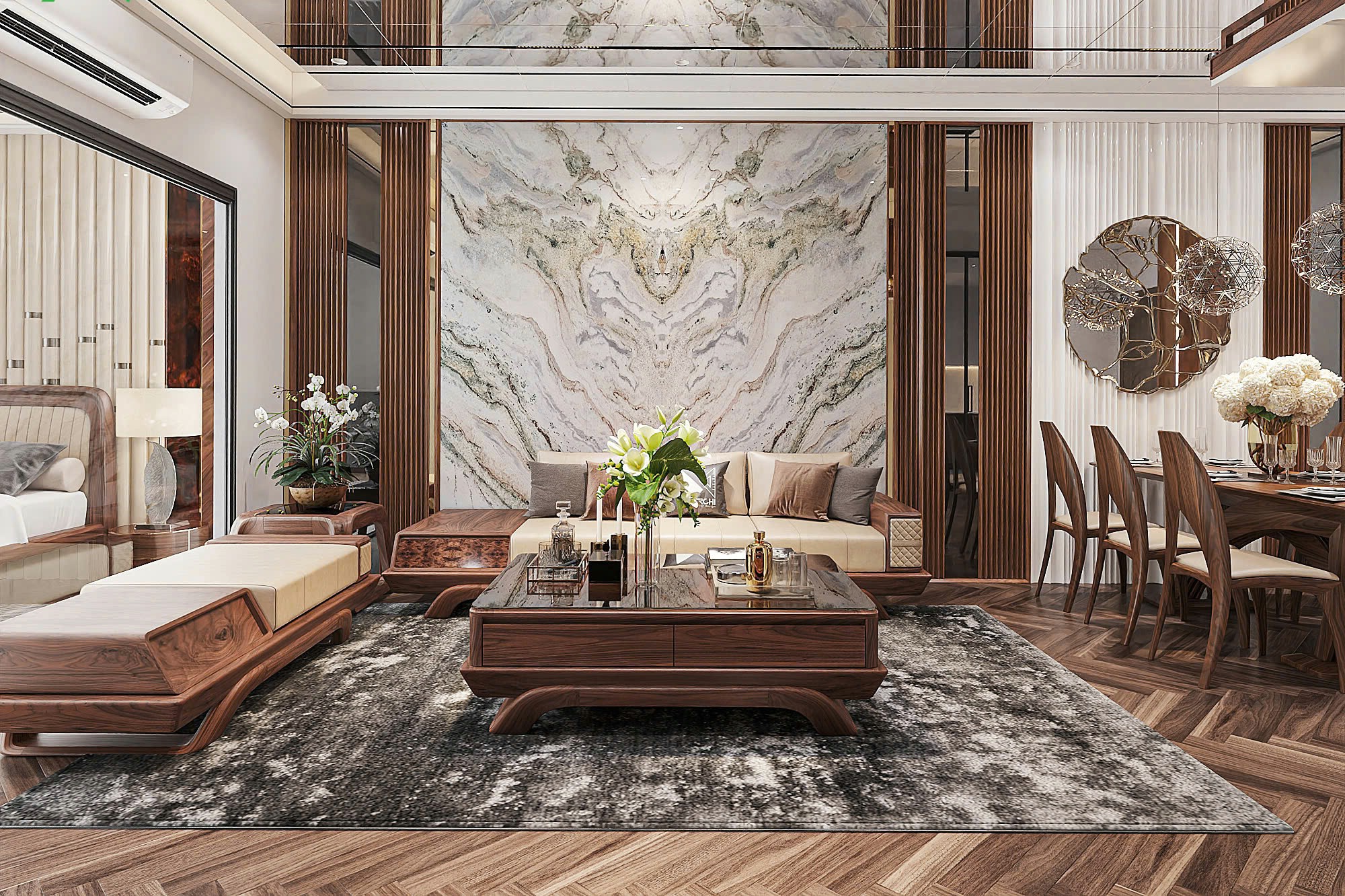 Sofa gỗ hiện đại đơn giản với sofa văng 3 chỗ, ghế đôn và bàn trà gỗ – kính