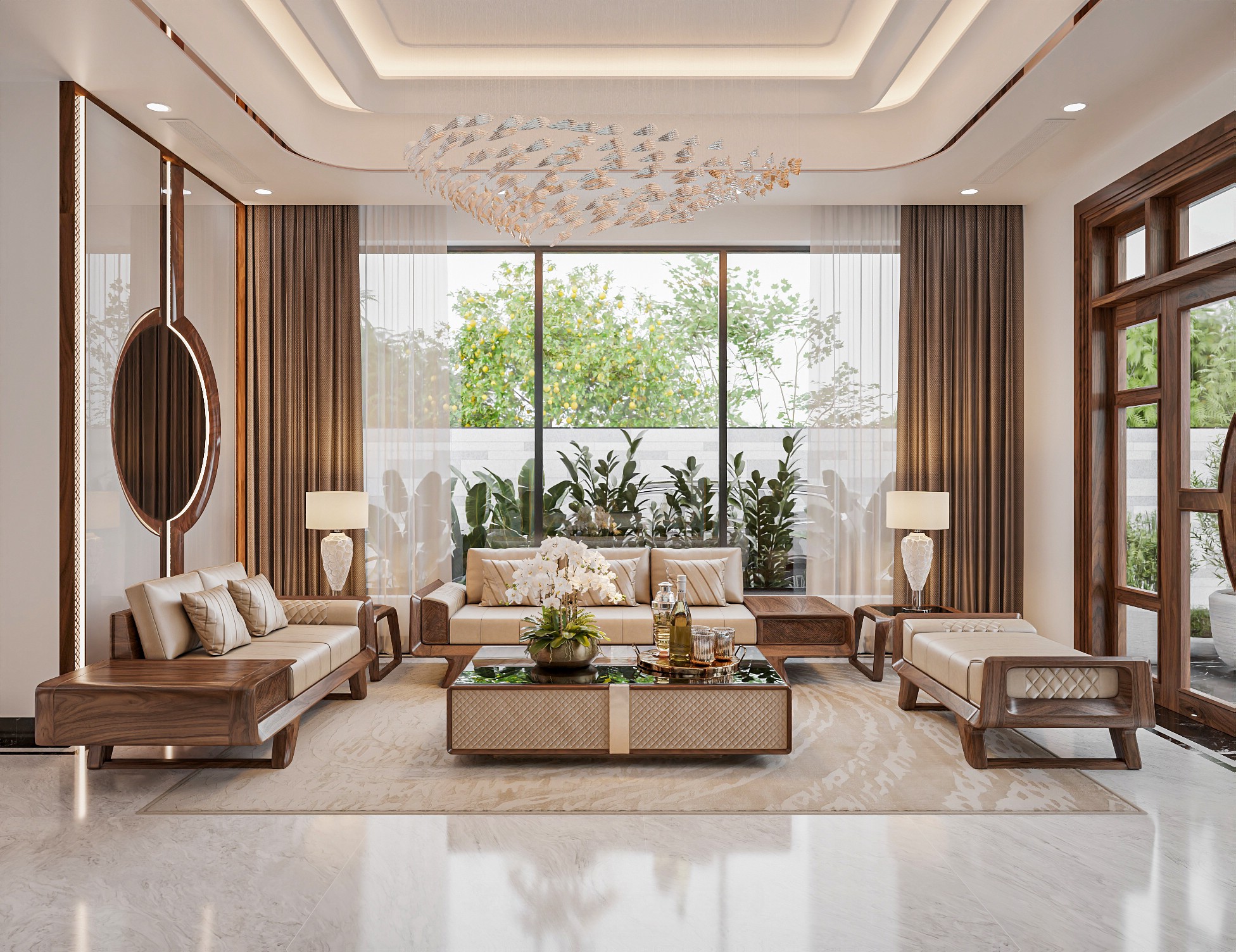 Sofa gỗ hiện đại gỗ óc chó, đệm da be kẻ ô, bàn trà mặt kính khung bọc da quả trám
