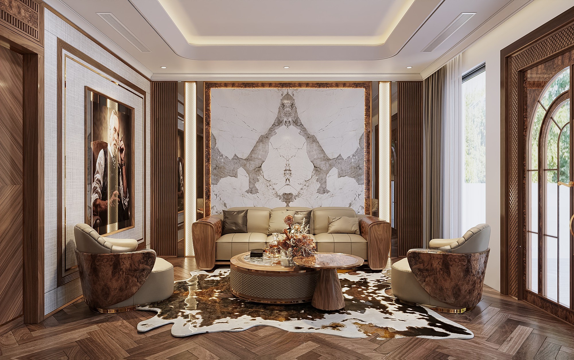 Sofa gỗ nệm da màu be đậm hiện đại với khung gỗ nâu đậm và veneer nu sang trọng Sofa gỗ nệm da màu be đậm hiện đại với khung gỗ nâu đậm và veneer nu sang trọng