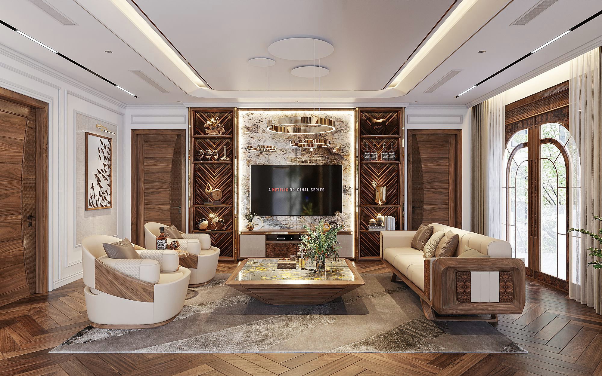 Sofa gỗ óc chó cao cấp sang trọng cho phòng khách