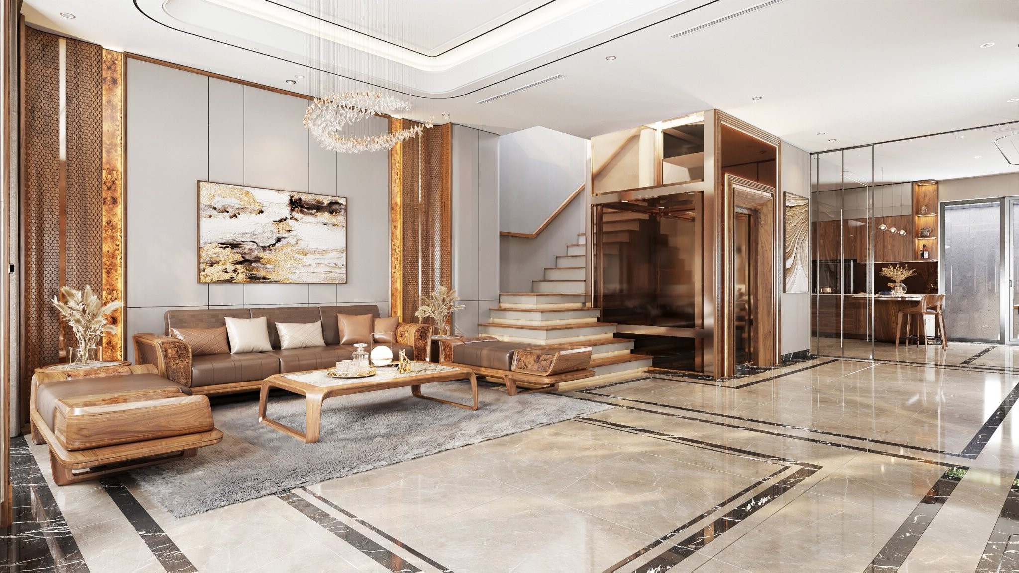 Sofa gỗ óc chó nhỏ cho phòng khách hẹp