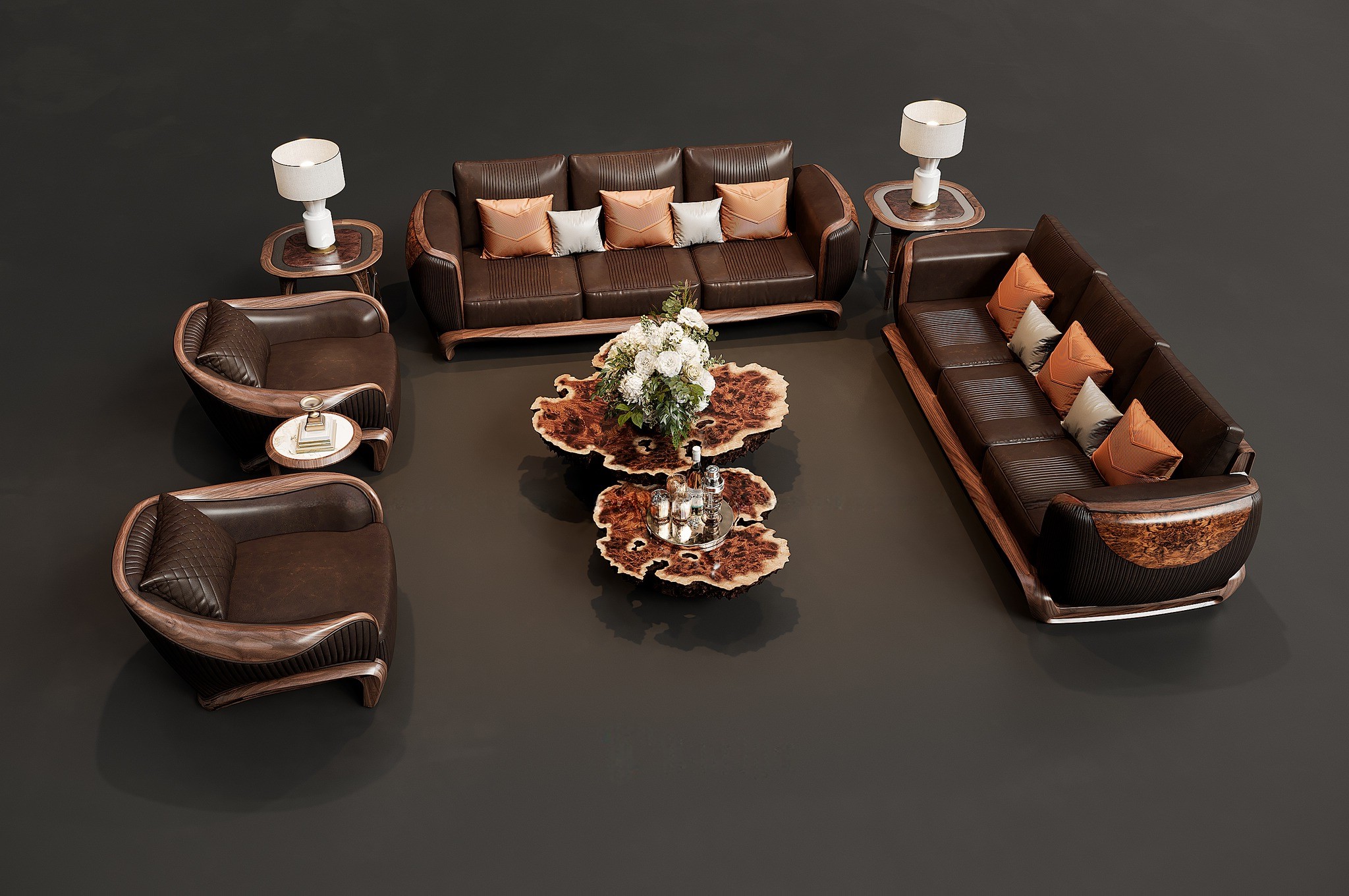 Bộ sofa gỗ óc chó tự nhiên sang trọng với bàn trà gỗ nguyên khối