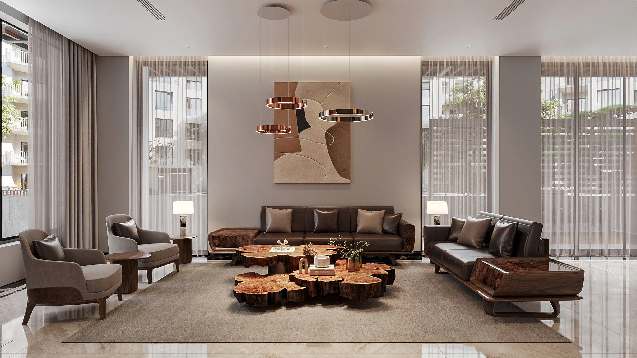 Sofa gỗ óc chó sang trọng cho phòng khách hiện đại