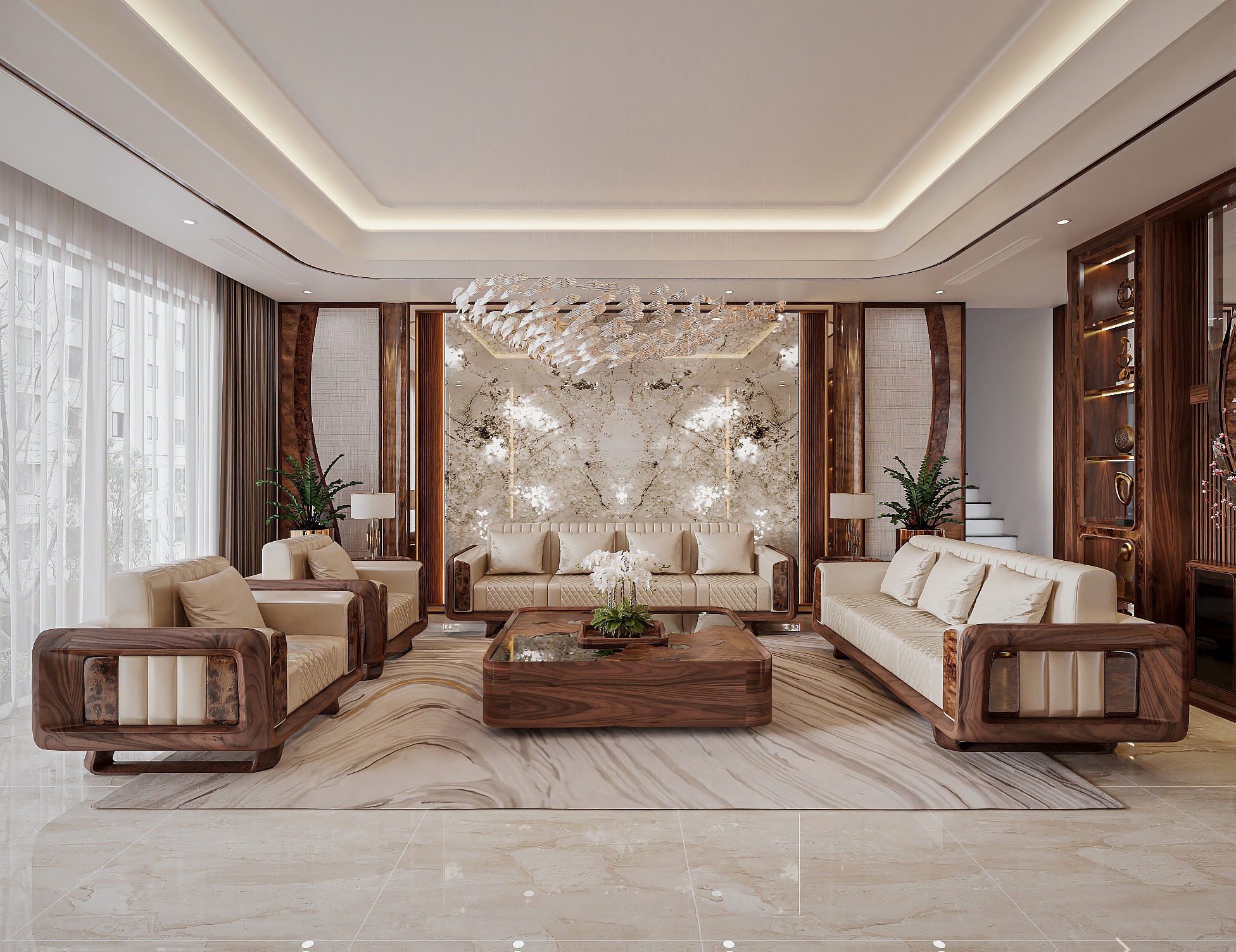 Sofa gỗ phòng khách đẹp hiện đại với bàn trà gỗ nguyên khối và mặt kính