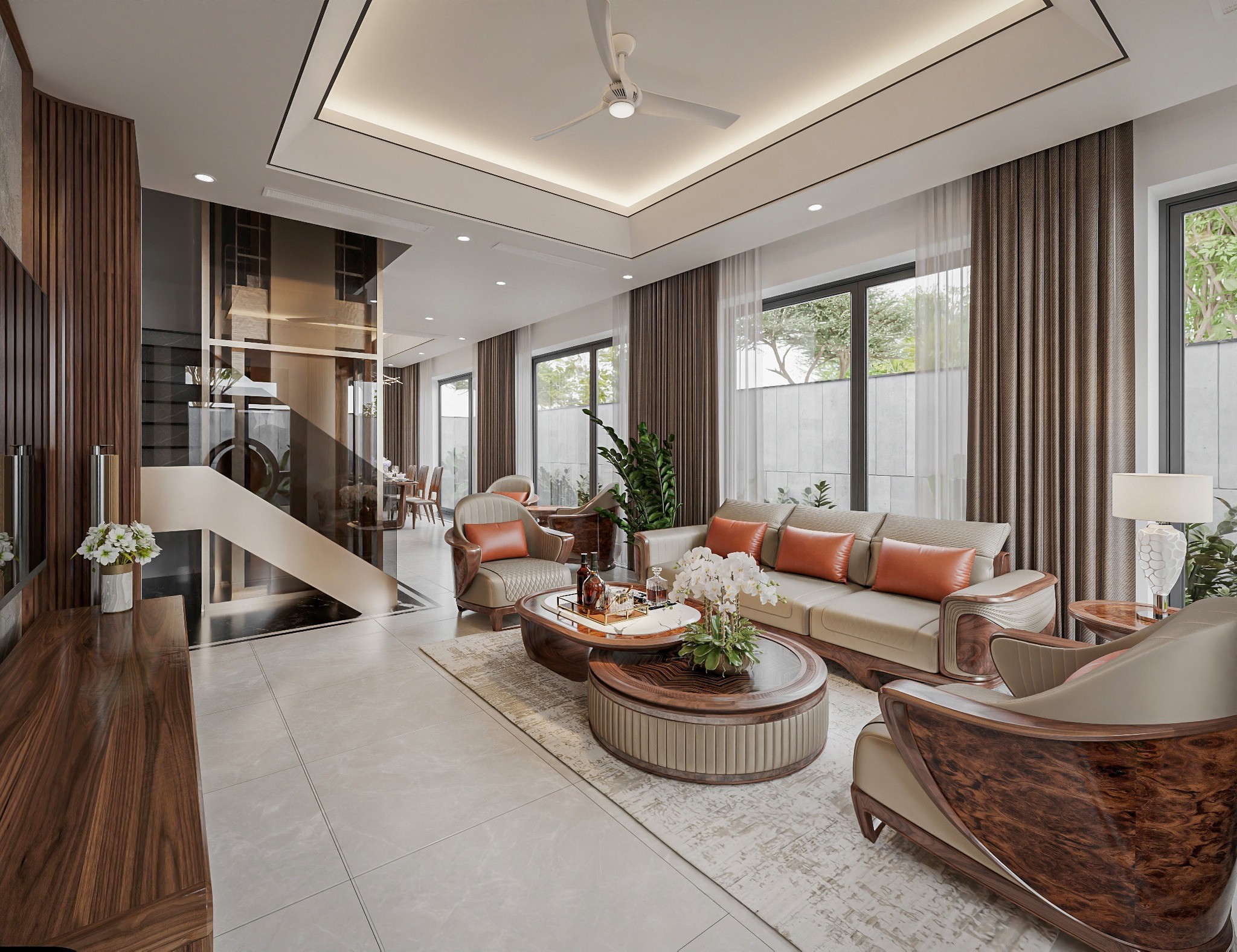 Sofa gỗ phòng khách đẹp với đệm da be ghi và bàn trà mặt đá ceramic sang trọng Sofa gỗ phòng khách đẹp với đệm da be ghi và bàn trà mặt đá ceramic sang trọng