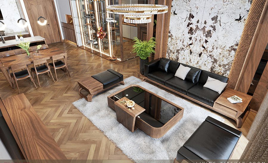 Sofa gỗ phòng khách nhỏ hiện đại bằng gỗ óc chó với đệm da PU đen và bàn trà mặt kính Sofa gỗ phòng khách nhỏ hiện đại bằng gỗ óc chó với đệm da PU đen và bàn trà mặt kính