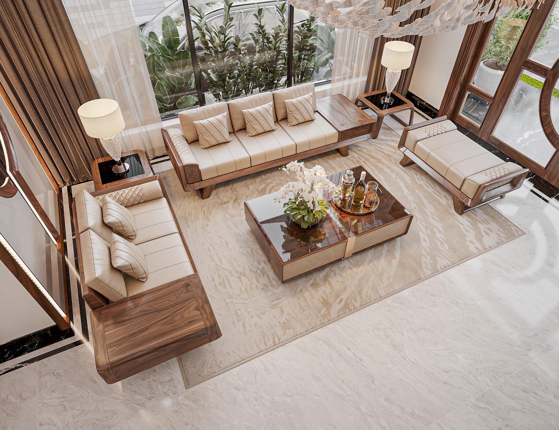 Bộ sofa gỗ phòng khách hiện đại với sofa văng và bàn trà gỗ kính Bộ sofa gỗ phòng khách hiện đại với sofa văng và bàn trà gỗ kính