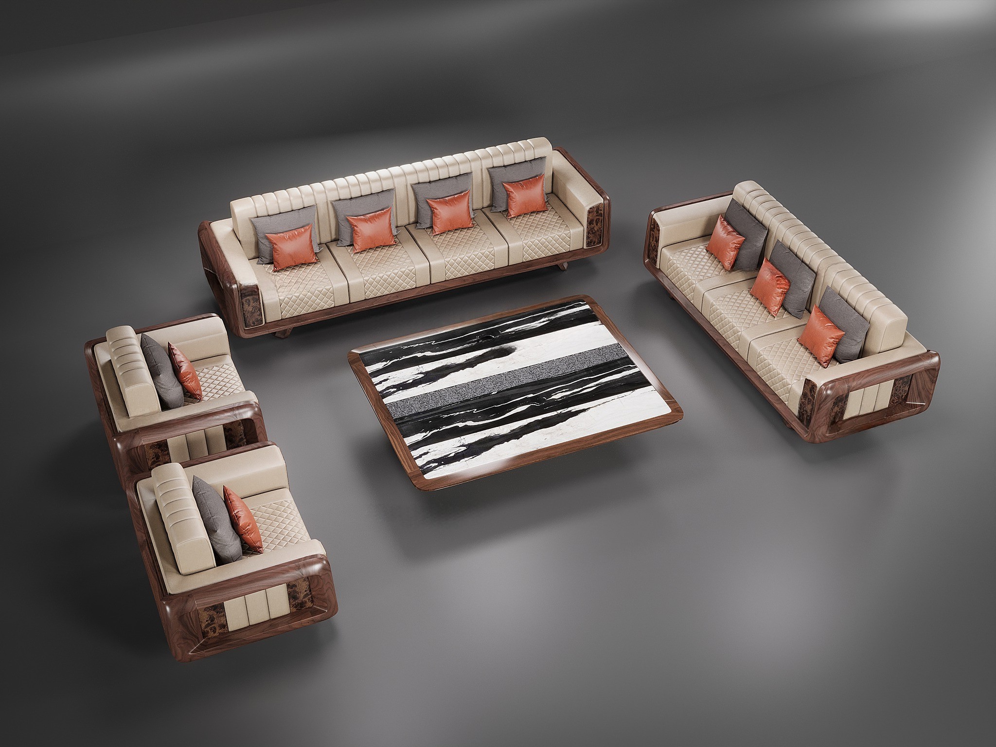 Sofa gỗ tự nhiên cao cấp với đệm da trắng be và bàn trà epoxy đen trắng Sofa gỗ tự nhiên cao cấp với đệm da trắng be và bàn trà epoxy đen trắng