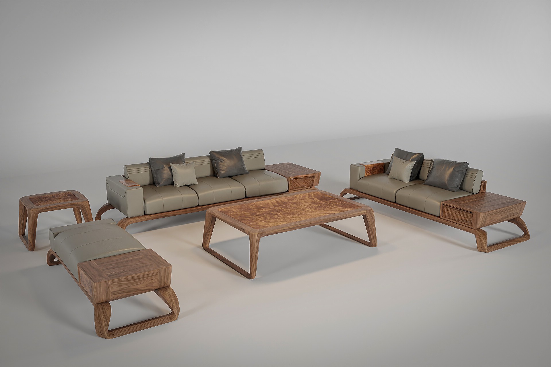 Sofa gỗ tự nhiên hiện đại màu nâu gụ kết hợp đệm da ghi đá và bàn trà veneer nu Sofa gỗ tự nhiên hiện đại màu nâu gụ kết hợp đệm da ghi đá và bàn trà veneer nu