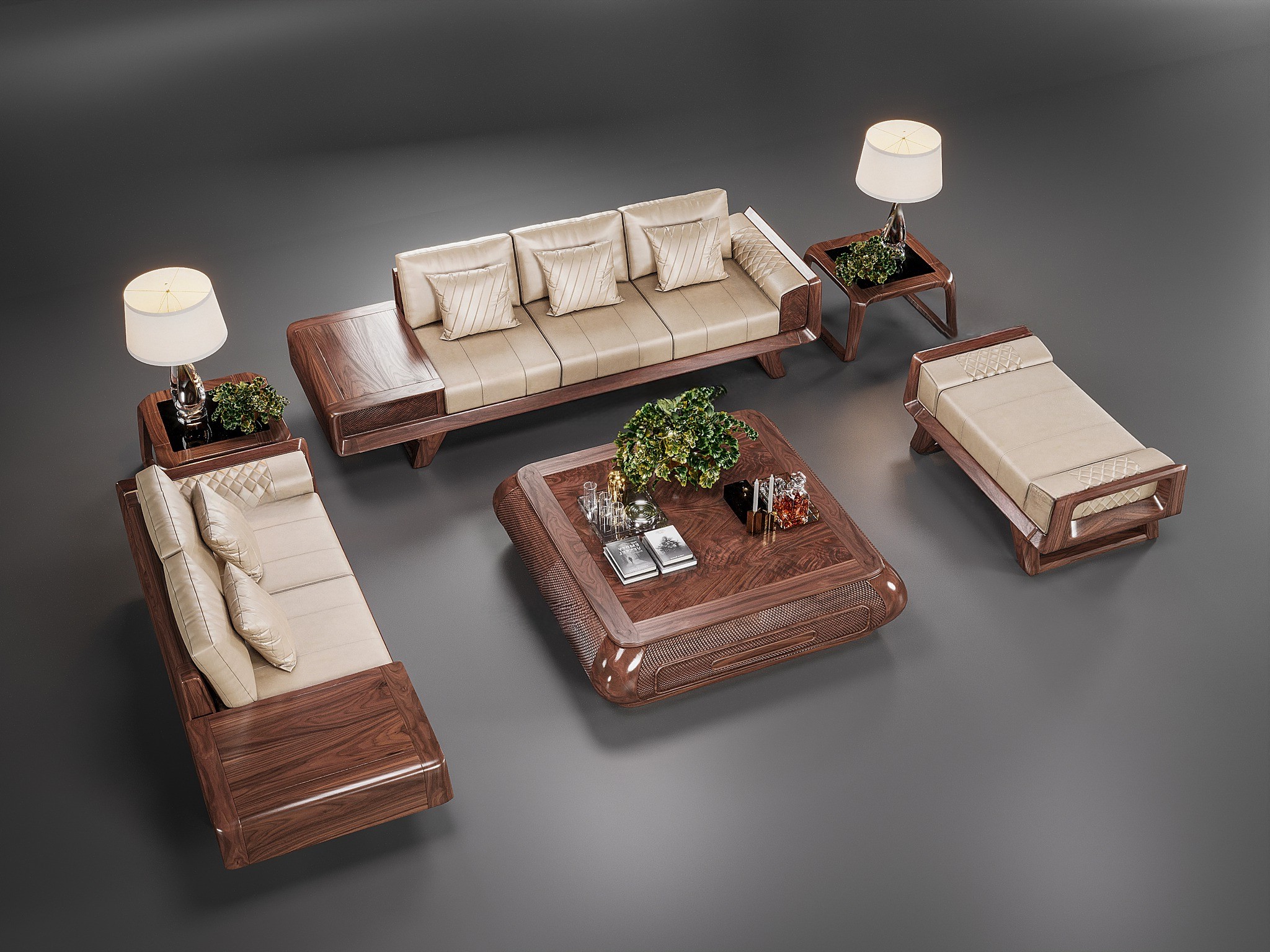 Sofa gỗ tự nhiên với bàn trà CNC họa tiết mắt cáo sang trọng Sofa gỗ tự nhiên với bàn trà CNC họa tiết mắt cáo sang trọng