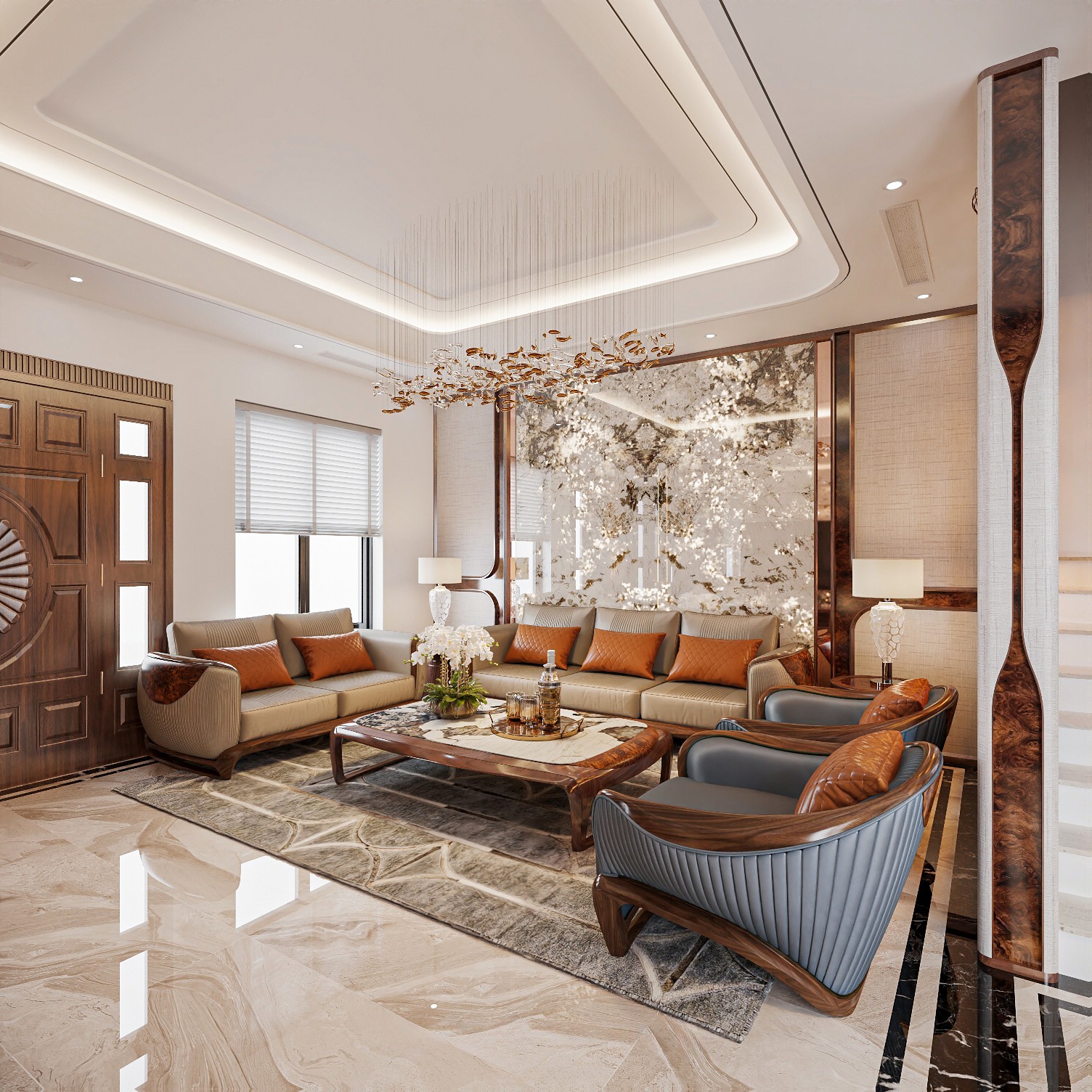 Bộ sofa gỗ thiết kế chữ U với phối màu da cao cấp