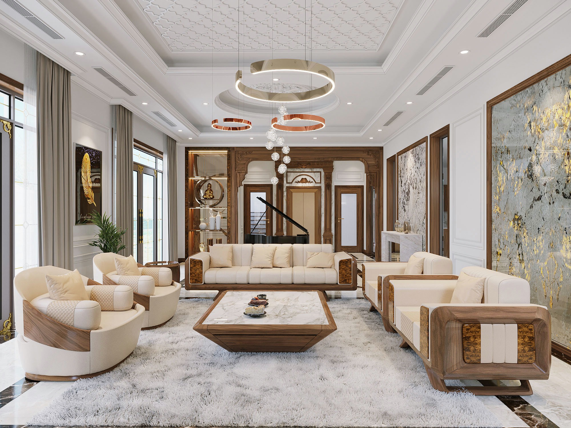 Sofa gỗ óc chó cao cấp phối da Nappa trắng và bàn trà mặt đá kim tự tháp ngược