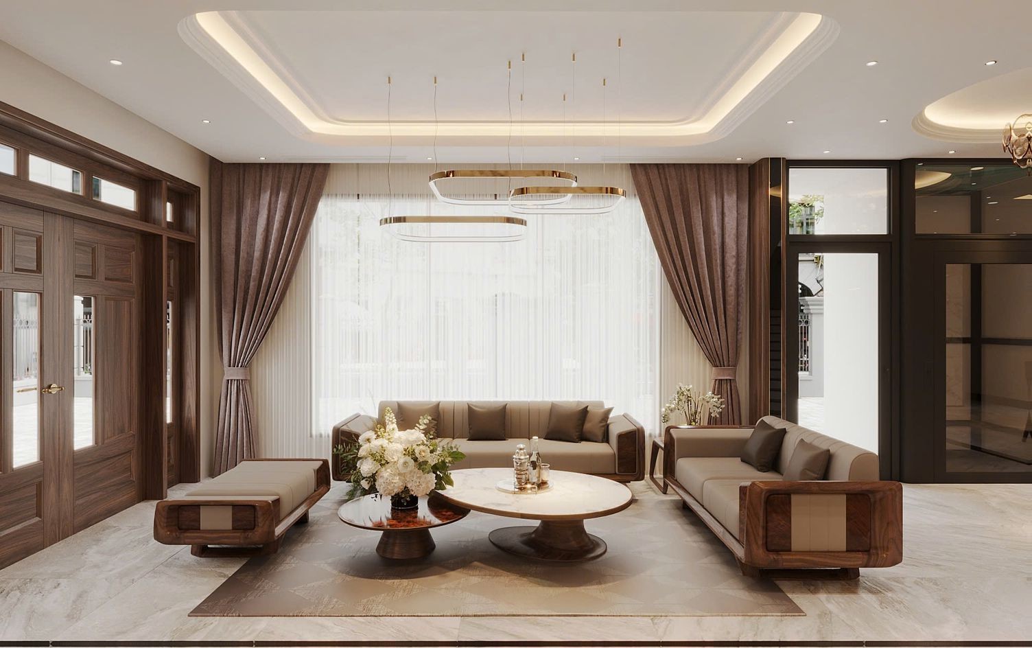 Sofa phòng khách gỗ óc chó sang trọng và hiện đại