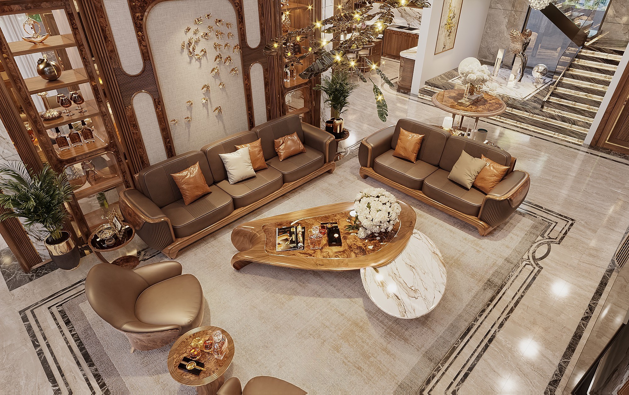 Sofa phòng khách gỗ óc chó cao cấp phối da bò Ý
