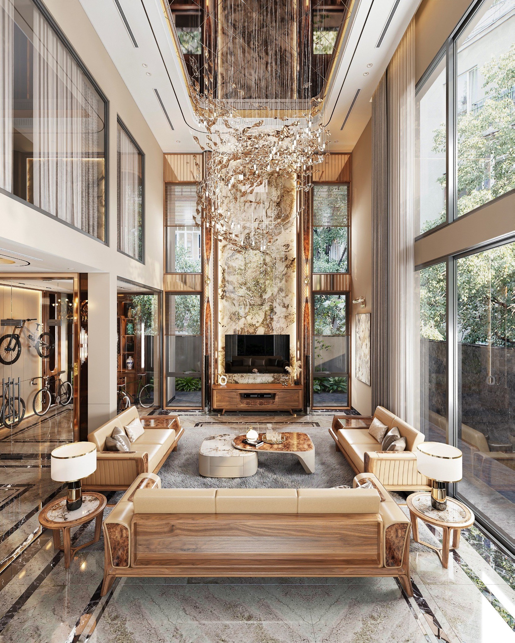 Thi công biệt thự – Hoàn thiện không gian sống đẳng cấp Thi công biệt thự hiện đại sang trọng với phòng khách thông tầng