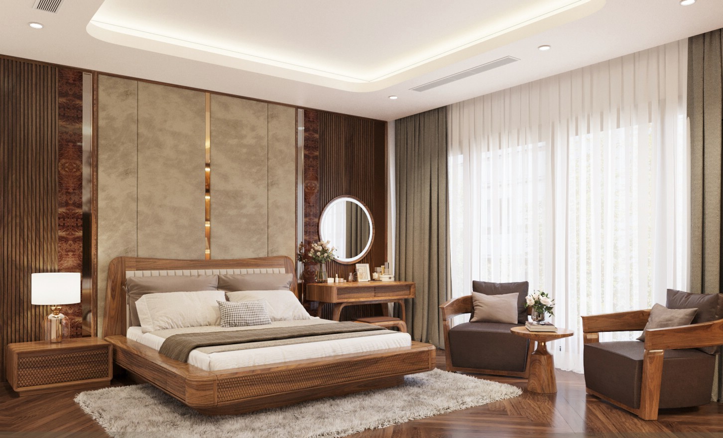 Thiết kế giường gỗ óc chó dạng hộp với vai giường dày và đầu giường bọc da múi