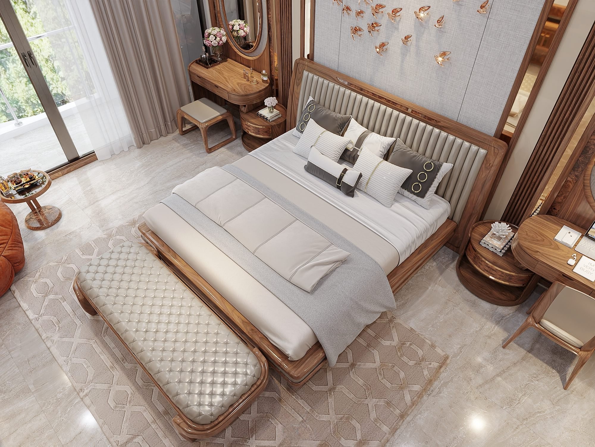 Thiết kế giường ngủ đẹp hiện đại bằng gỗ tự nhiên bo tròn và tựa đầu bọc da màu ghi Thiết kế giường ngủ đẹp hiện đại bằng gỗ tự nhiên bo tròn và tựa đầu bọc da màu ghi