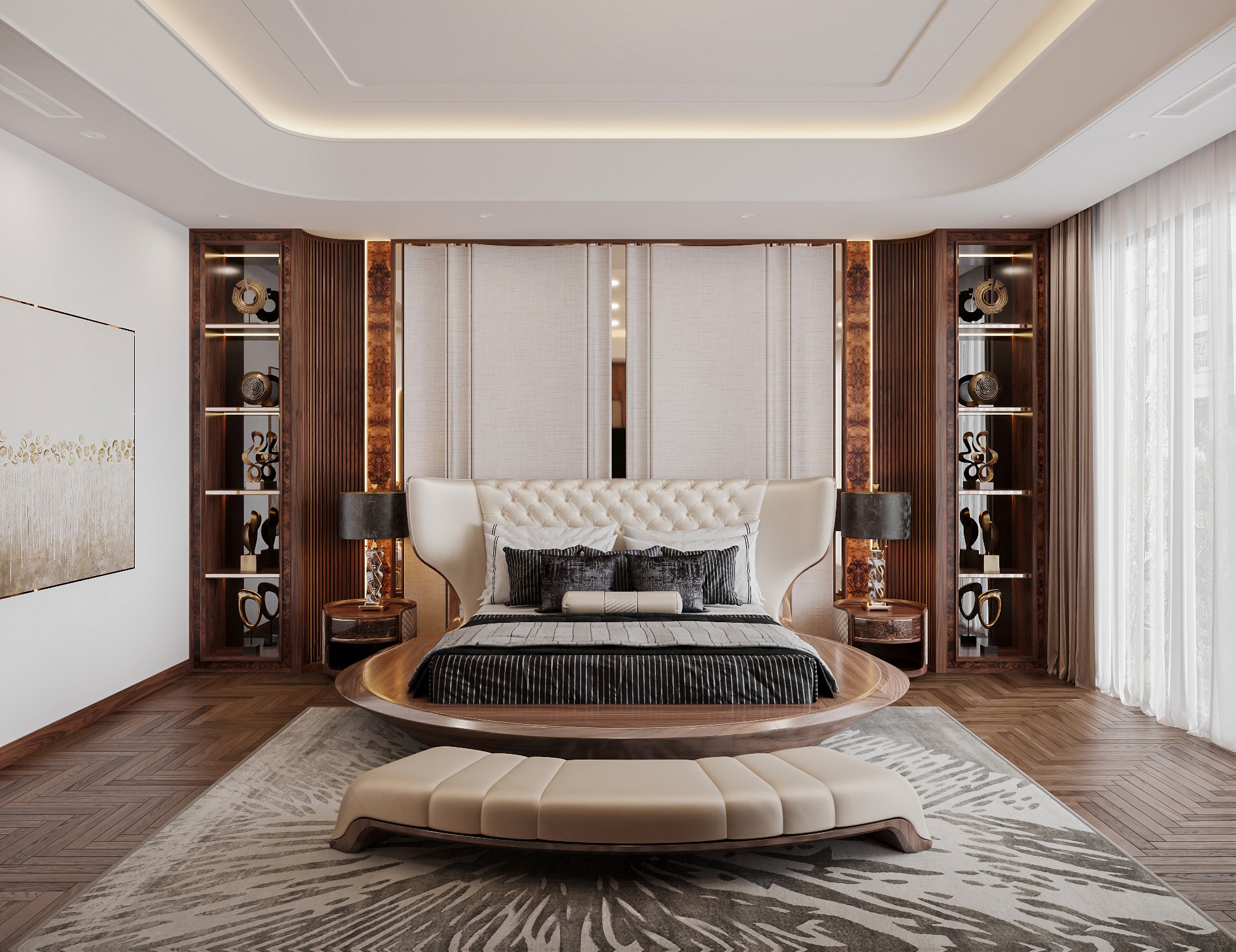 Giường ngủ tròn cao cấp vát chéo, chân vát vào trong, tựa đầu vòm cung cutout bọc nỉ trần cúc trắng be, tab trụ ốp da quả trám Giường ngủ tròn cao cấp vát chéo, chân vát vào trong, tựa đầu vòm cung cutout bọc nỉ trần cúc trắng be, tab trụ ốp da quả trám