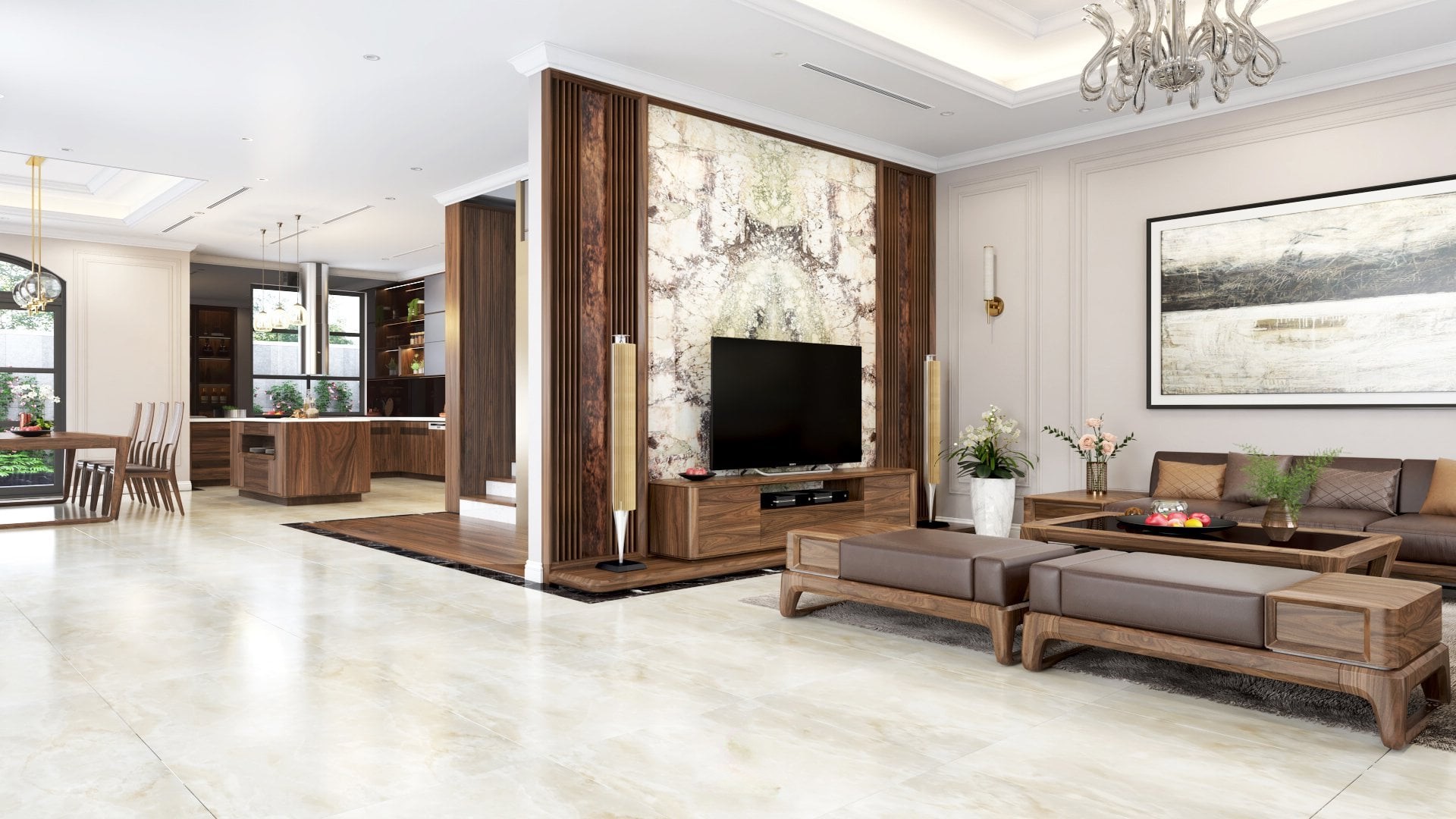 Thiết kế nội thất biệt thự gỗ óc chó đẹp hiện đại