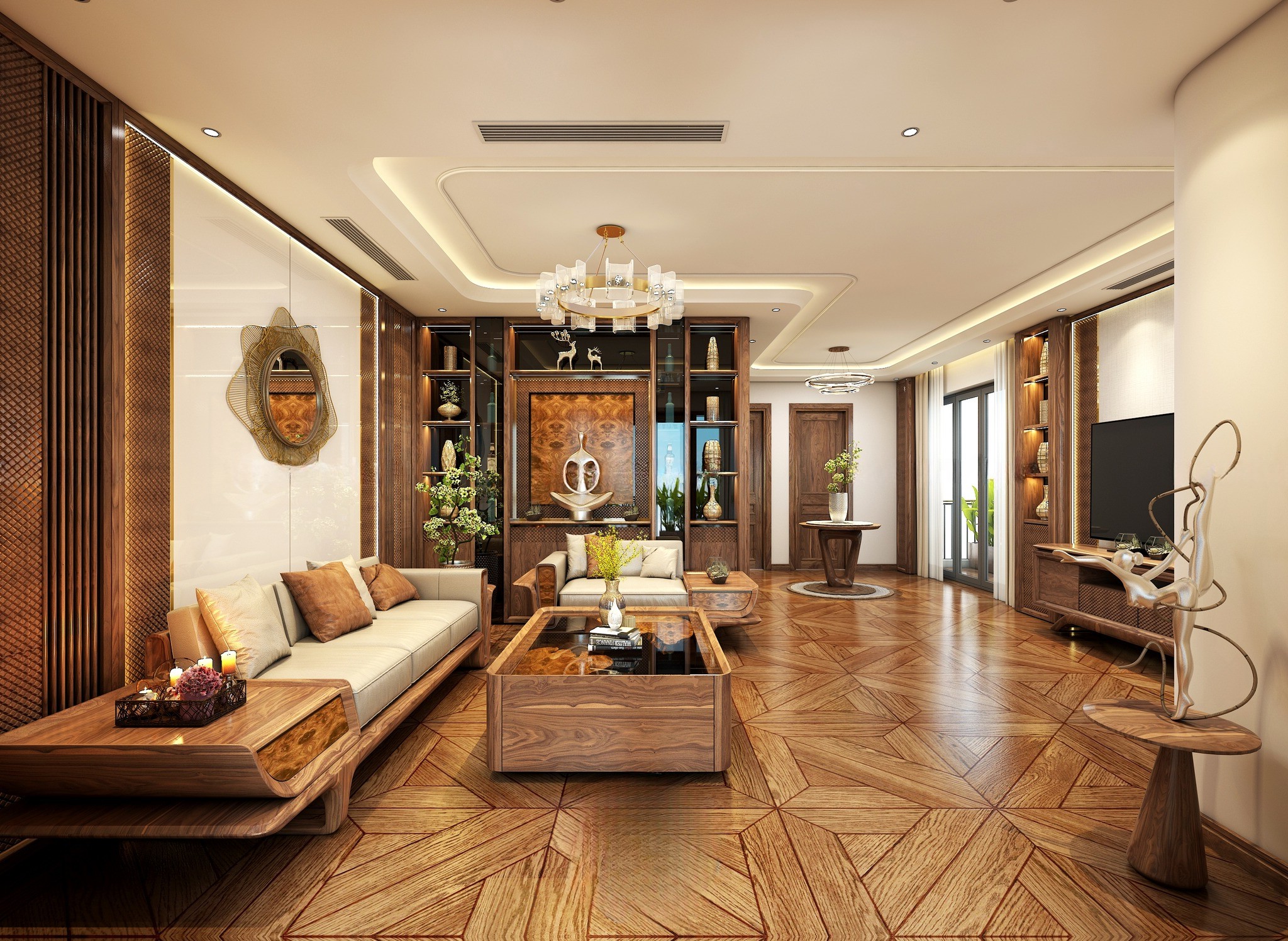 Thiết kế nội thất chung cư phòng khách hiện đại với sofa gỗ óc chó và vách ngăn trang trí