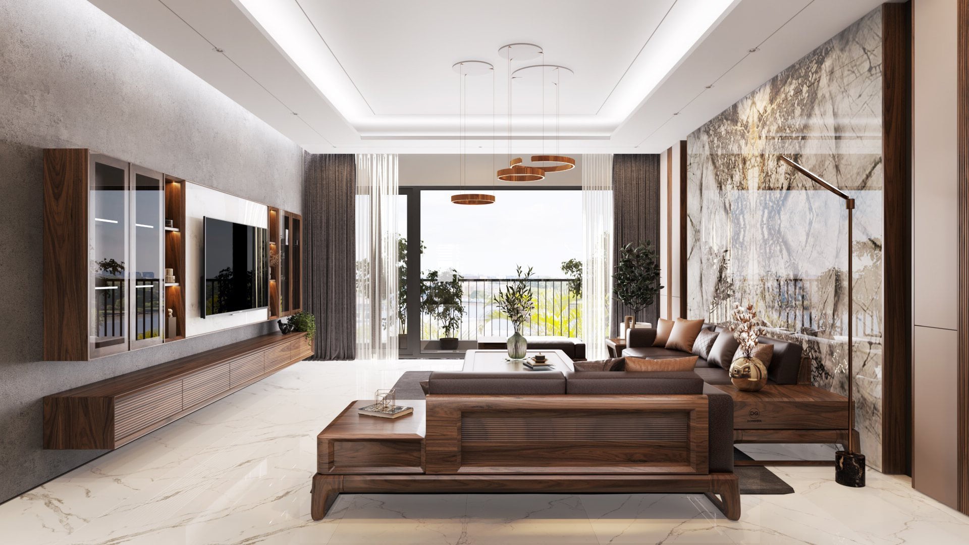 Thiết kế nội thất chung cư hiện đại với sofa chữ L hướng ban công