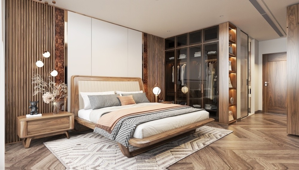 Thiết kế nội thất đẹp – Giải pháp tối ưu cho không gian hiện đại Thiết kế nội thất đẹp cho phòng ngủ gỗ óc chó sang trọng