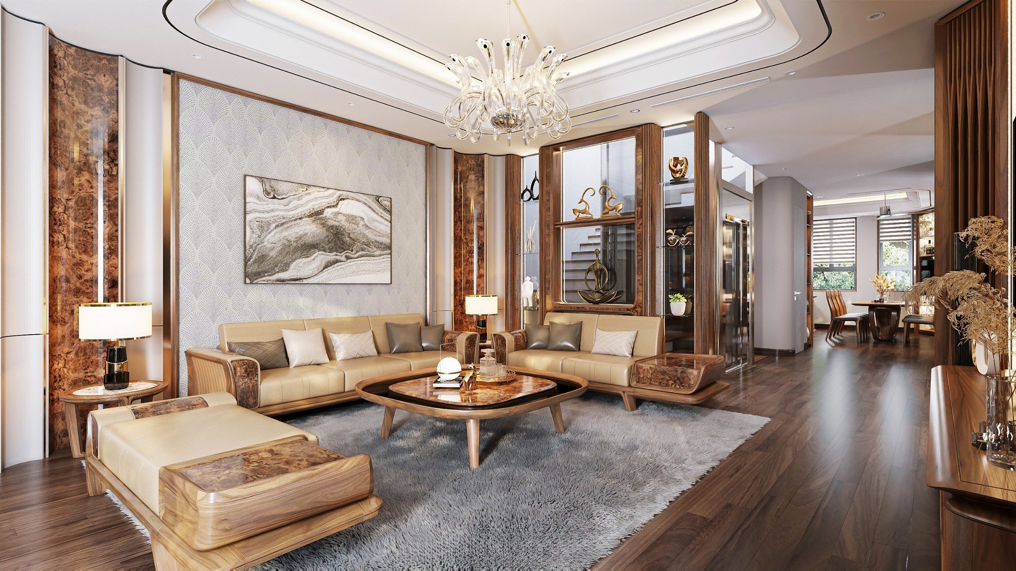 Thiết kế nội thất hiện đại – Không gian sống tinh tế và đẳng cấp Thiết kế nội thất phòng khách hiện đại với sofa gỗ và kệ tivi gỗ sang trọng