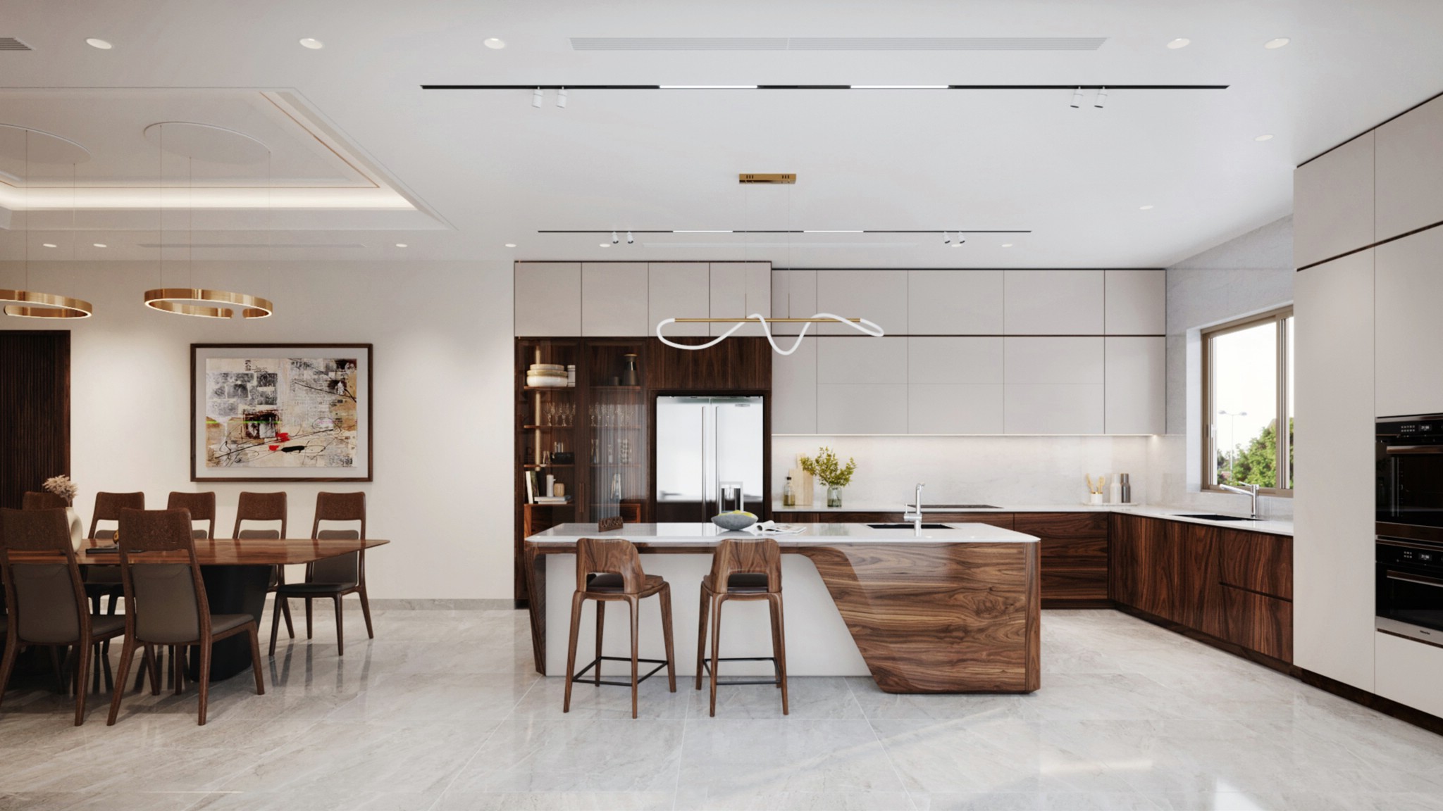 Thiết kế nội thất phòng bếp chung cư gỗ tự nhiên với tủ bếp chữ L và bàn bar