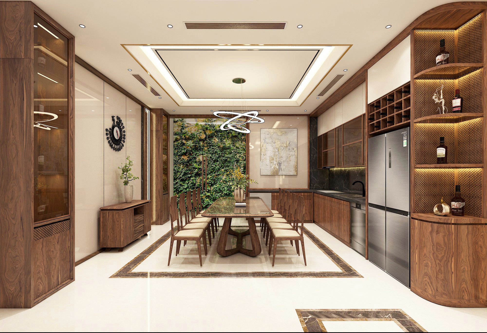 Thiết kế nội thất phòng bếp đẹp hiện đại với bàn ăn 10 ghế, tủ bếp chữ L acrylic trắng – gỗ nâu và tủ rượu hai bên Thiết kế nội thất phòng bếp đẹp hiện đại với bàn ăn 10 ghế, tủ bếp chữ L acrylic trắng – gỗ nâu và tủ rượu hai bên