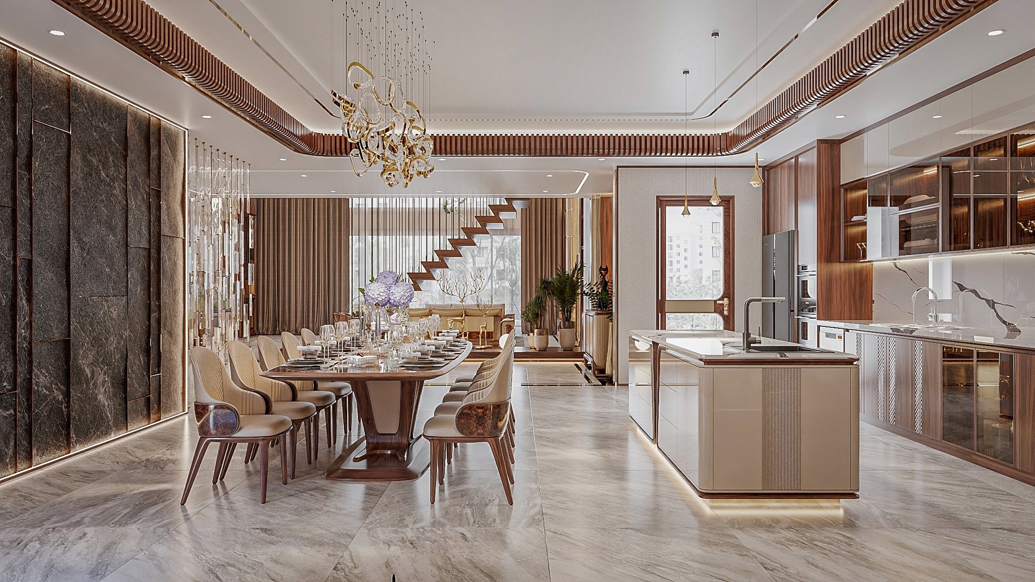 Thiết kế nội thất phòng bếp hiện đại với bàn ăn gỗ tự nhiên và tủ bếp chữ L Thiết kế nội thất phòng bếp hiện đại với bàn ăn gỗ tự nhiên và tủ bếp chữ L
