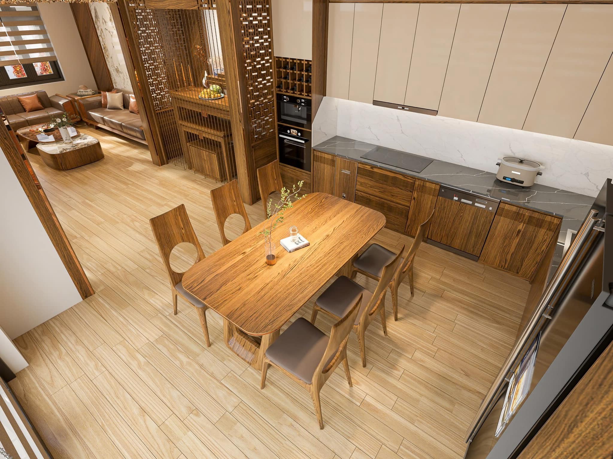 Thiết kế nội thất phòng bếp nhỏ gỗ tự nhiên