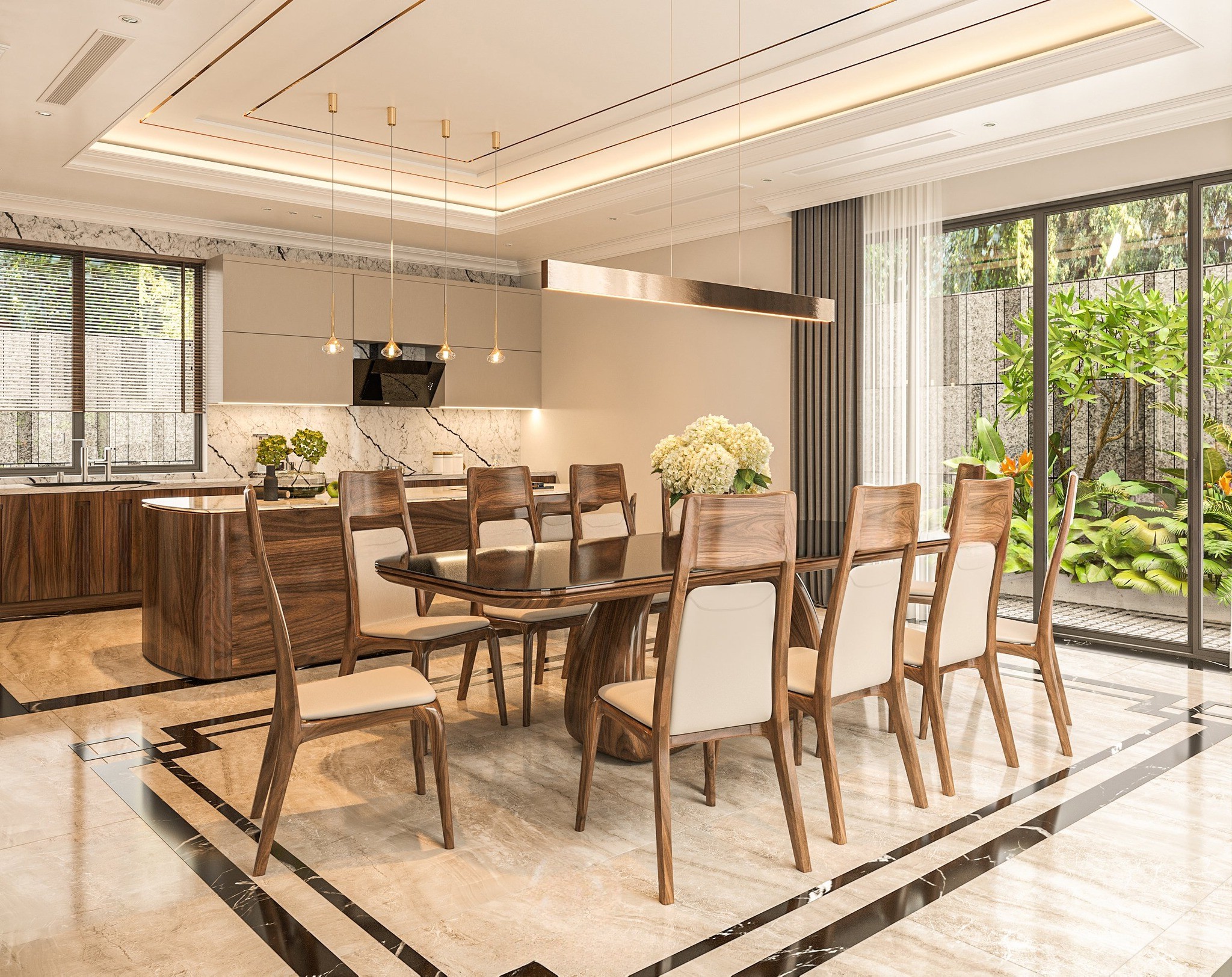 Thiết kế nội thất phòng bếp hiện đại với bàn đảo đá oval và bàn ăn 10 ghế Thiết kế nội thất phòng bếp hiện đại với bàn đảo đá oval và bàn ăn 10 ghế