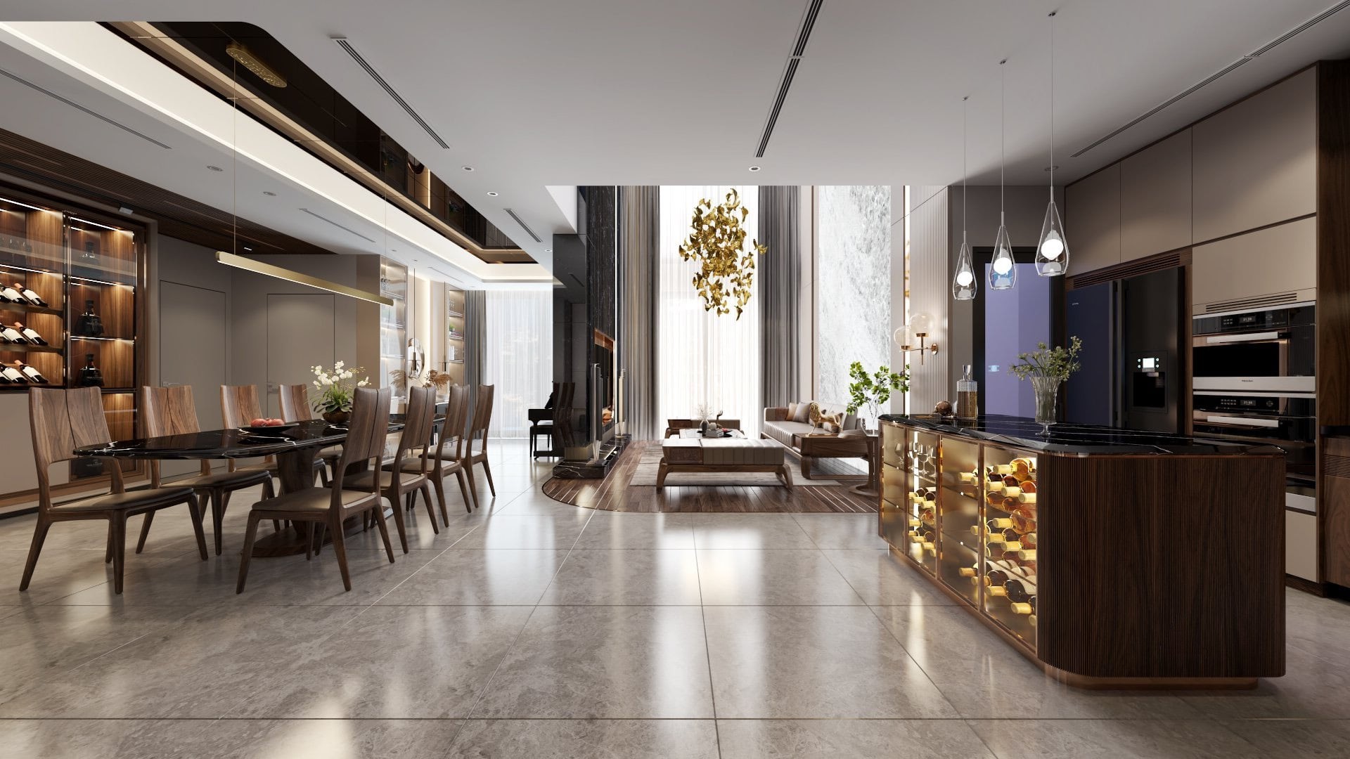 Thiết kế nội thất phòng khách và bếp gỗ tự nhiên nâu đậm