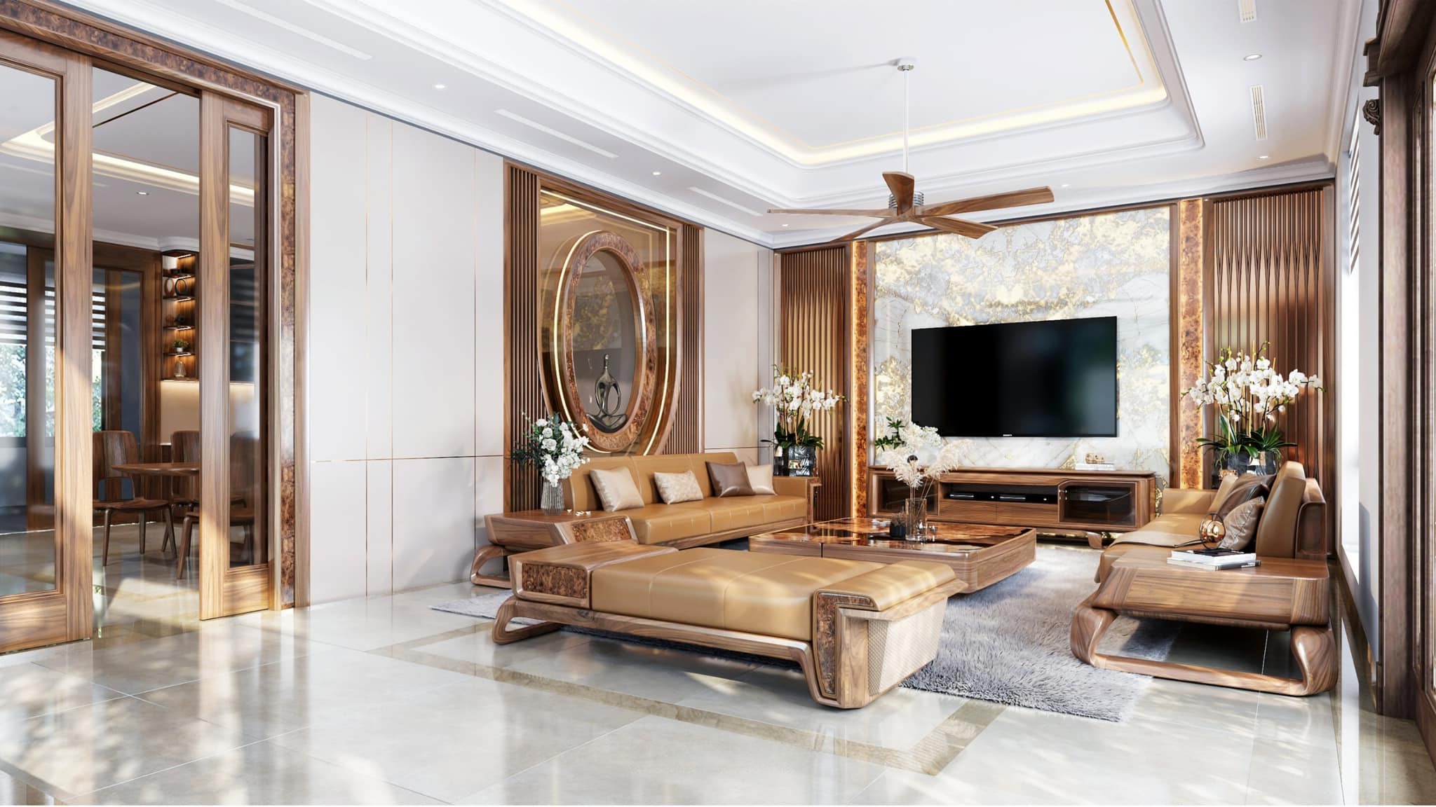 Thiết kế nội thất phòng khách – Sự hòa quyện hoàn hảo giữa thẩm mỹ và tiện nghi Thiết kế nội thất phòng khách hiện đại với chất liệu gỗ tự nhiên sang trọng