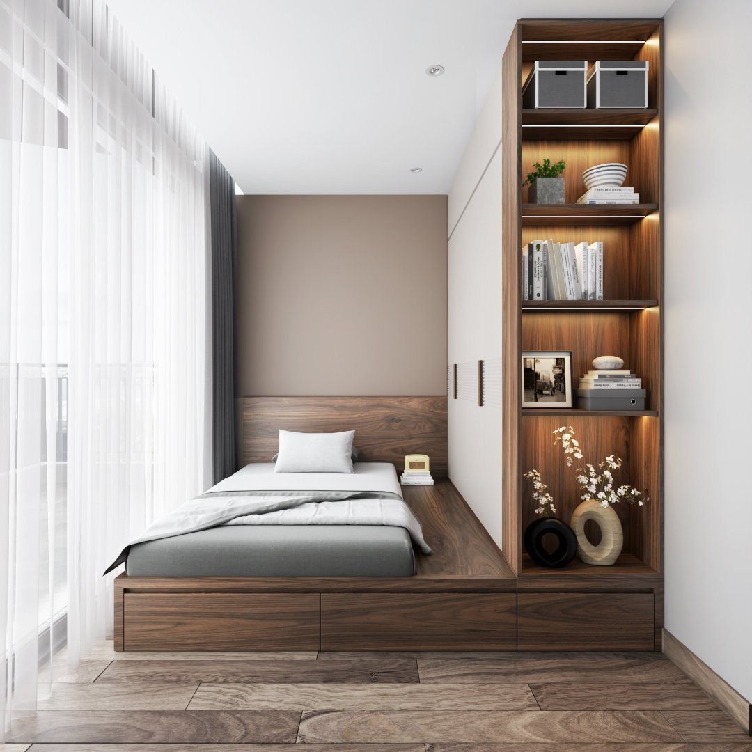 Thiết kế nội thất phòng ngủ nhỏ hiện đại với giường hộp và tủ quần áo kịch trần Thiết kế nội thất phòng ngủ nhỏ hiện đại với giường hộp và tủ quần áo kịch trần