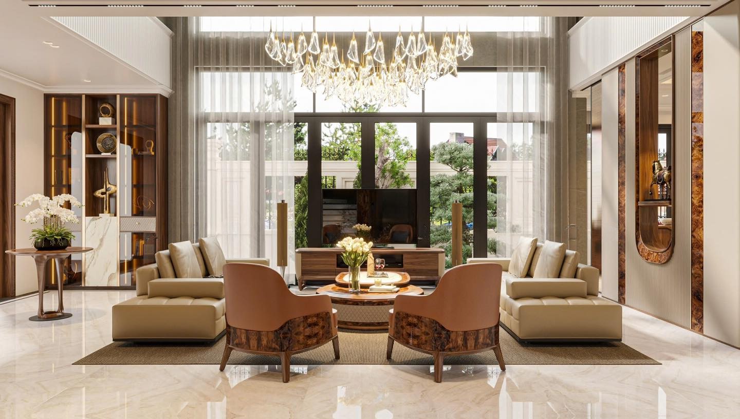 Thiết kế nội thất phòng khách thông tầng sang trọng