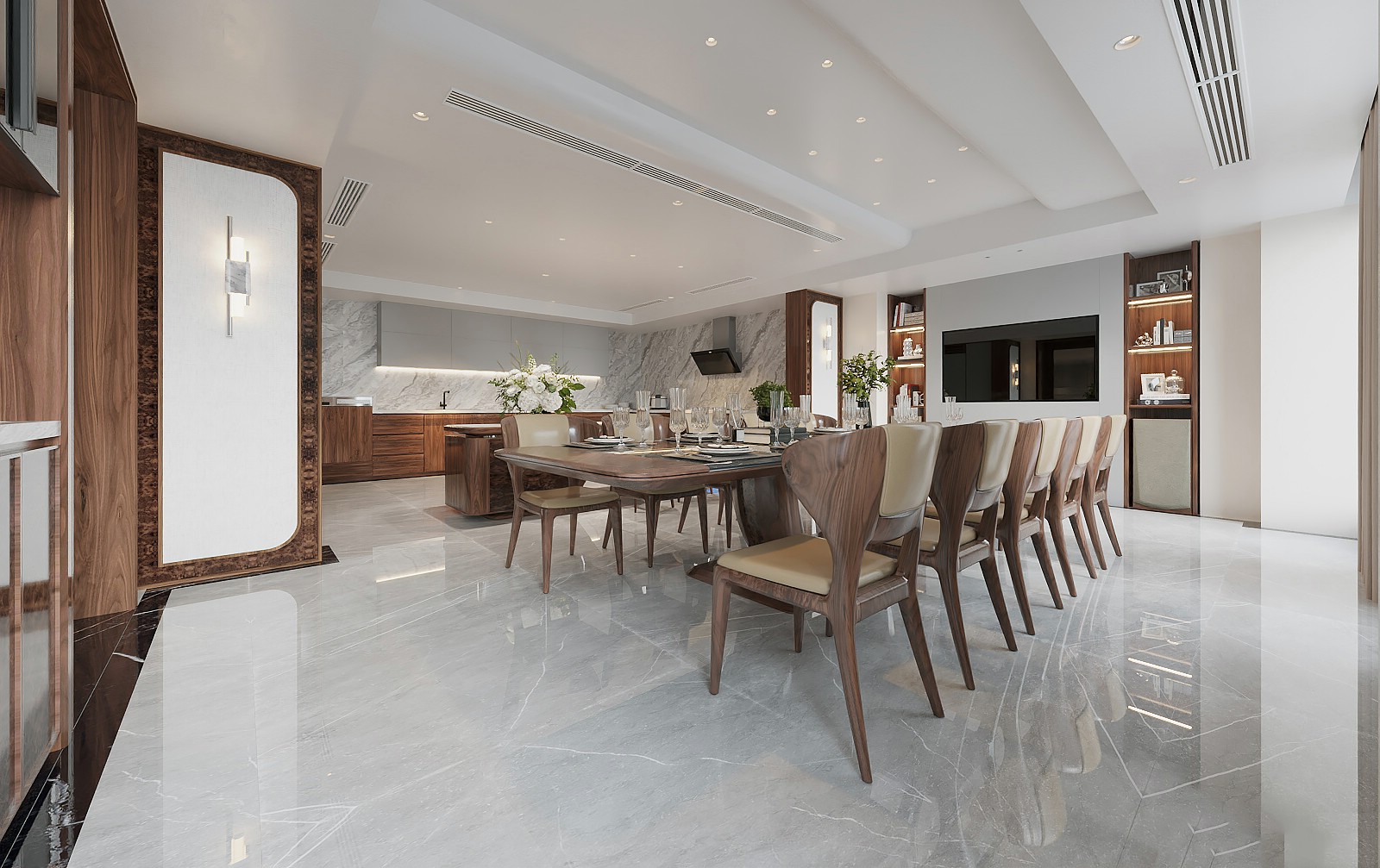 Thiết kế phòng bếp đẹp hiện đại gỗ óc chó và tủ bếp acrylic