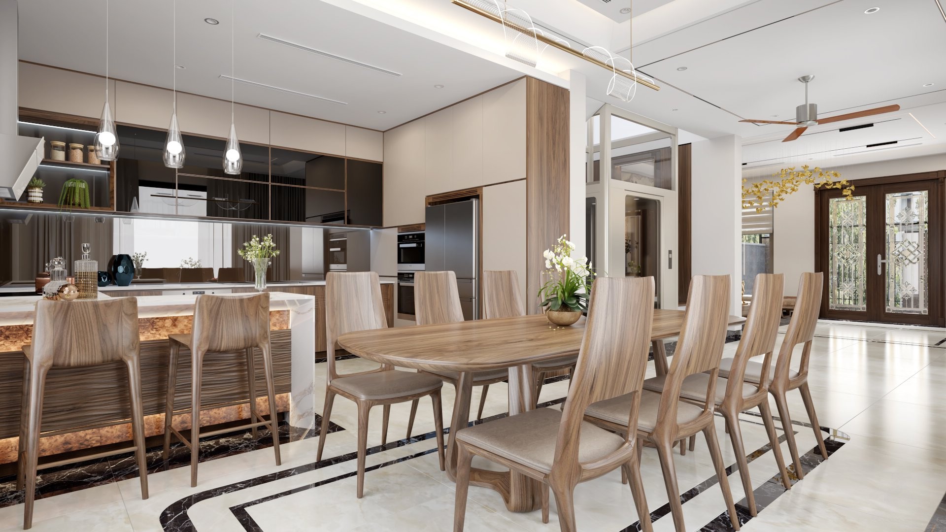 Thiết kế phòng bếp đẹp với bàn ăn gỗ óc chó và tủ bếp chữ U hợp phong thủy Thiết kế phòng bếp đẹp với bàn ăn gỗ óc chó và tủ bếp chữ U hợp phong thủy