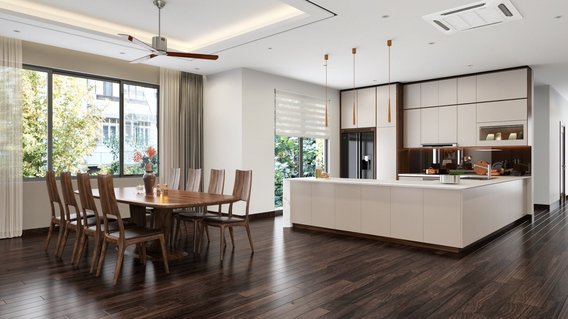 Thiết kế phòng bếp hiện đại với bàn ăn gỗ óc chó và tủ bếp chữ U acrylic trắng Thiết kế phòng bếp hiện đại với bàn ăn gỗ óc chó và tủ bếp chữ U acrylic trắng