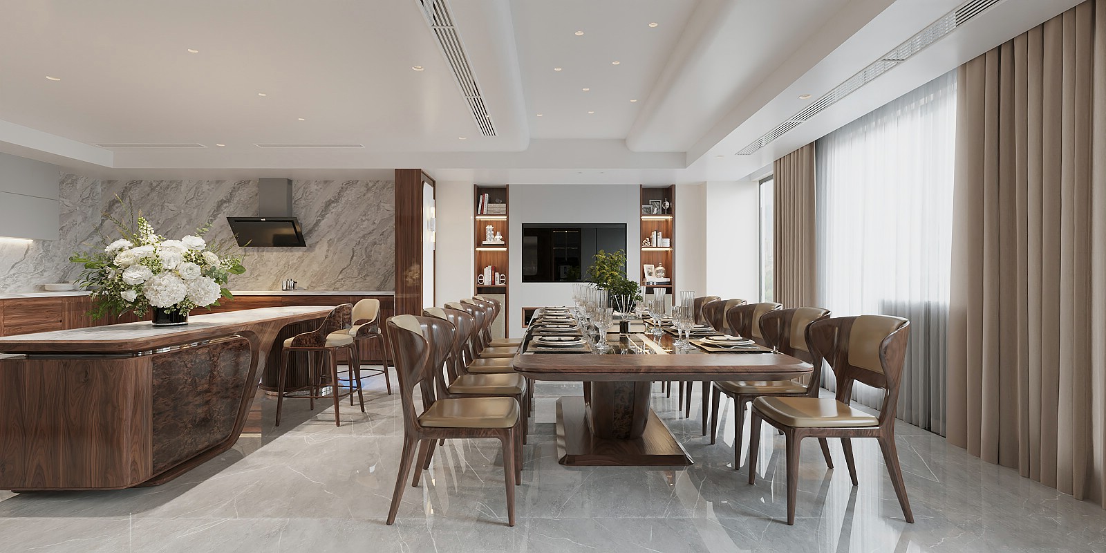 Thiết kế phòng bếp thông thoáng với cửa kính kịch trần