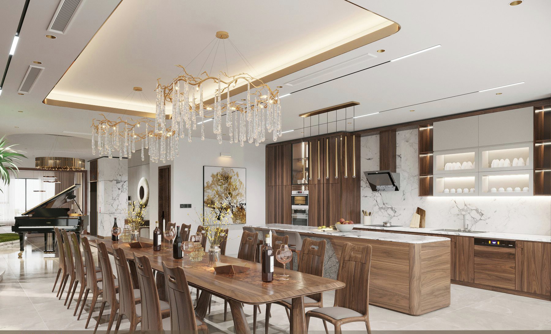 Phòng bếp hiện đại trần giật cấp viền gỗ, bếp chữ I kịch trần ốp đá marble trắng vân xám, đảo bếp song song và bàn ăn 16 ghế gỗ óc chó Phòng bếp hiện đại trần giật cấp viền gỗ, bếp chữ I kịch trần ốp đá marble trắng vân xám, đảo bếp song song và bàn ăn 16 ghế gỗ óc chó
