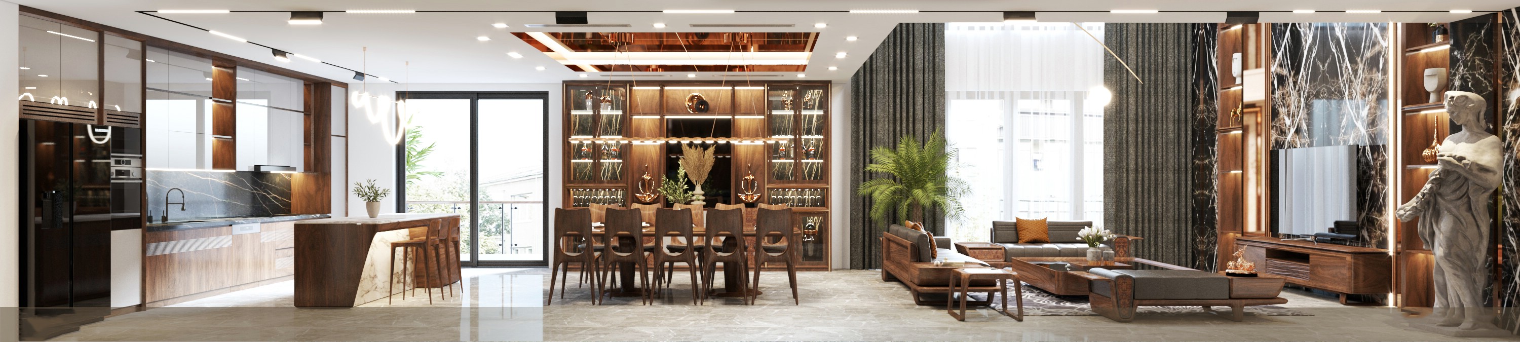 Thiết kế phòng khách bếp thông nhau hiện đại