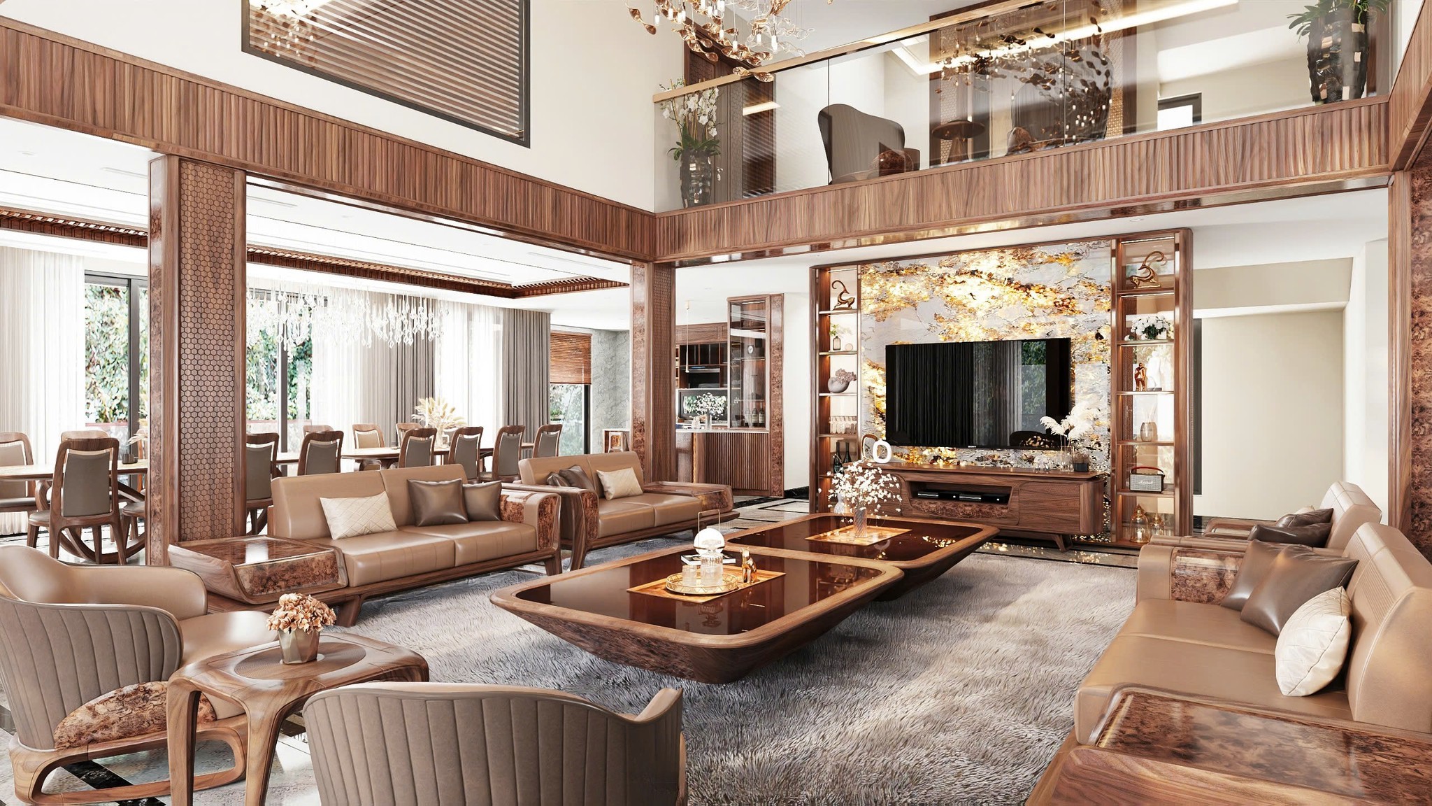 Mẫu thiết kế phòng khách biệt thự sang trọng với sofa gỗ, bàn trà kính đỏ và kệ tivi tinh tế Thiết kế phòng khách biệt thự hiện đại với bộ sofa gỗ tự nhiên, bàn trà kính đỏ và vách tivi ốp PVC giả đá