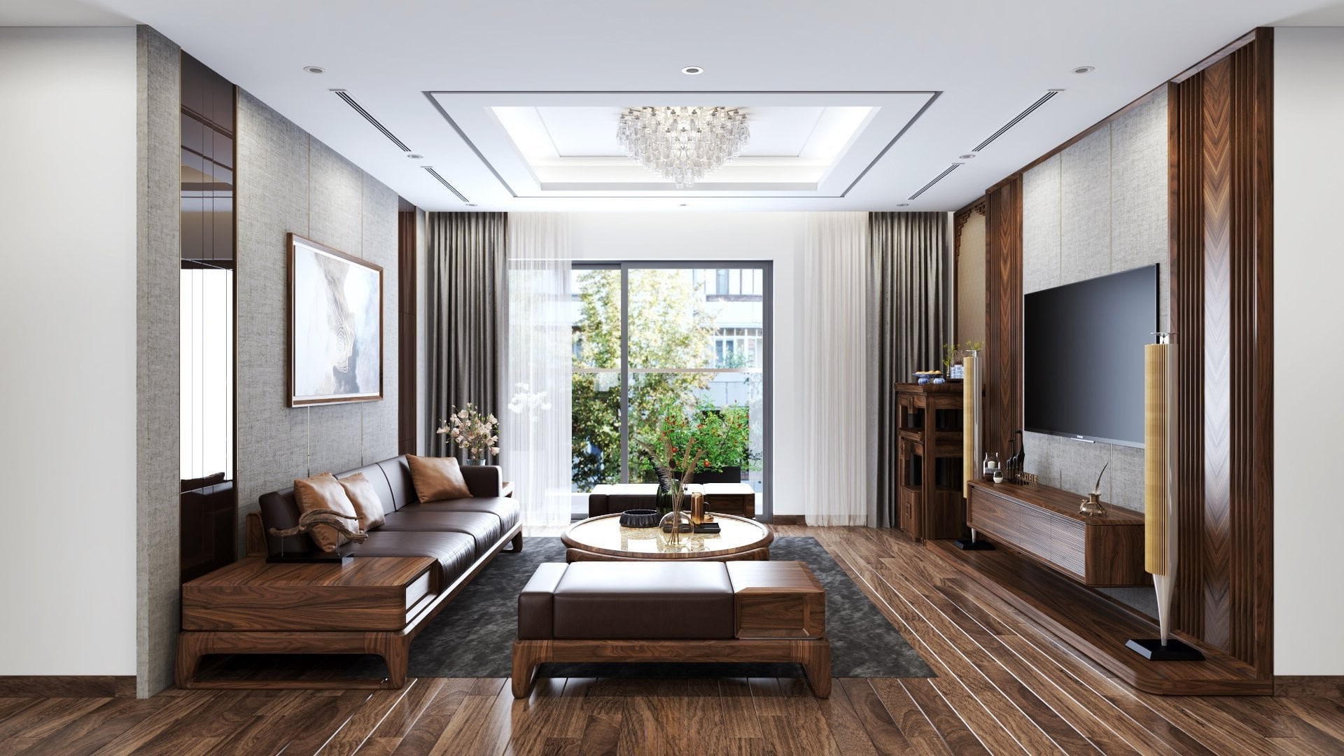 Thiết kế phòng khách căn hộ chung cư nội thất gỗ tự nhiên