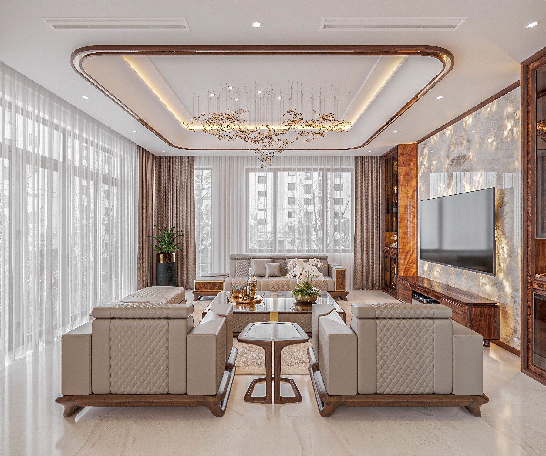 Thiết kế phòng khách chung cư hiện đại với sofa gỗ và kệ tivi đặt sàn