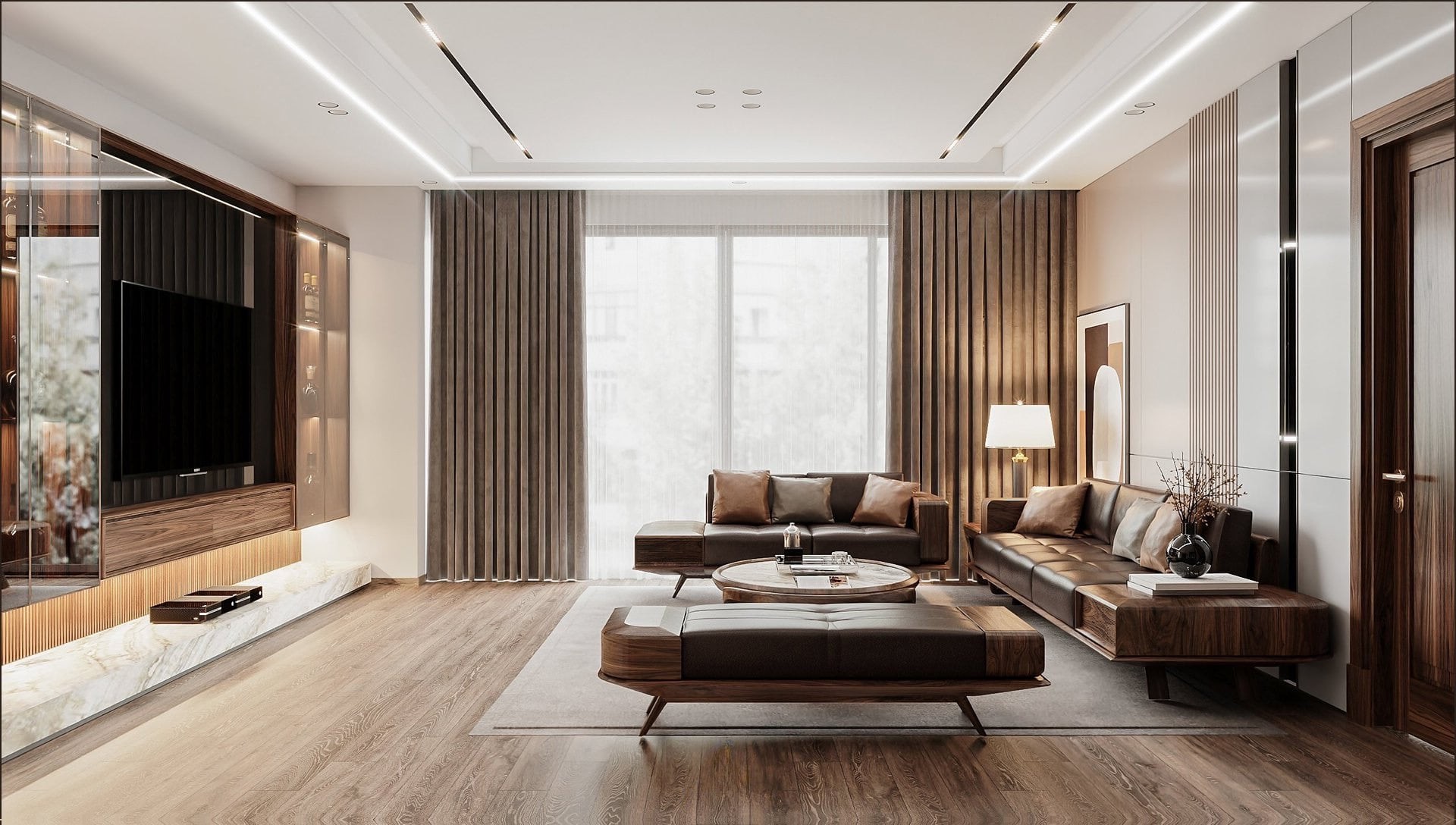 Thiết kế phòng khách đẹp đơn giản với bộ sofa gỗ óc chó và kệ tivi treo tường Thiết kế phòng khách đẹp đơn giản với bộ sofa gỗ óc chó và kệ tivi treo tường