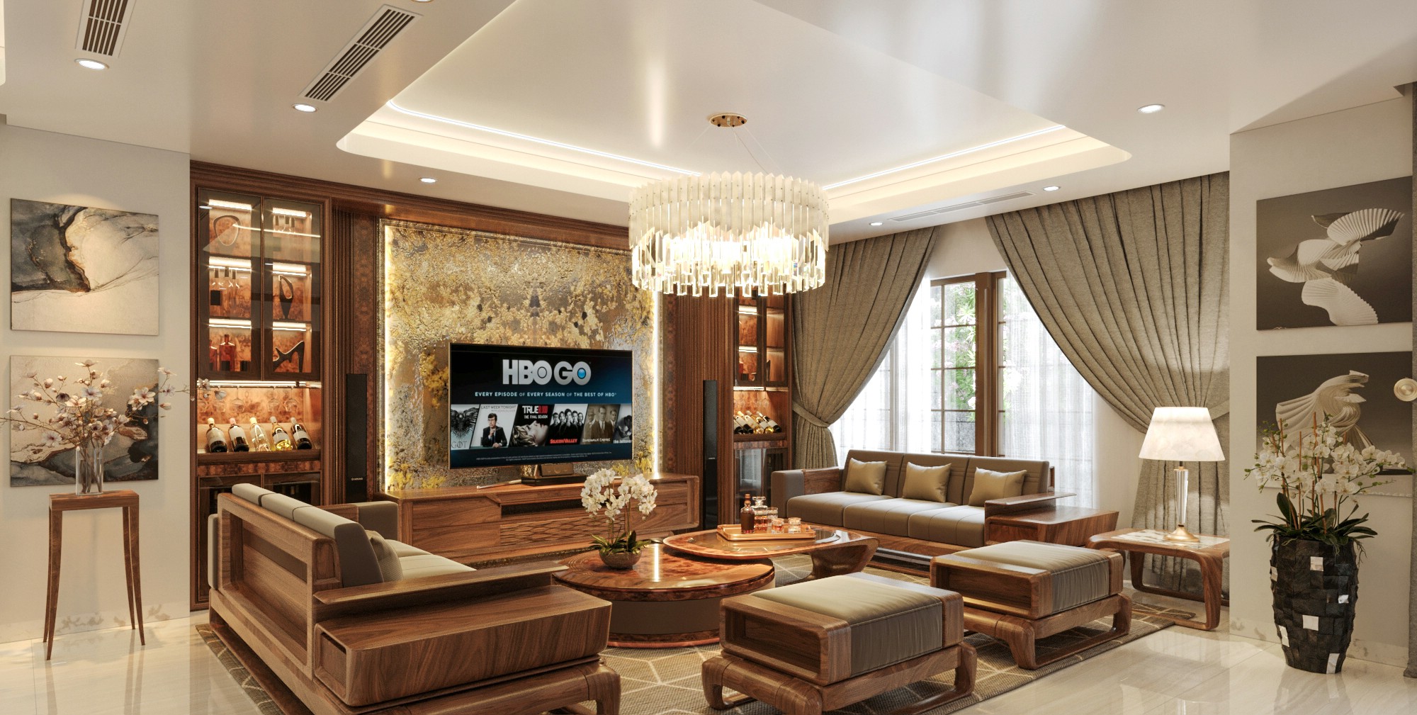 Mẫu phòng khách hiện đại sang trọng với bàn trà đá – veneer nu và tủ rượu kính hai bên Thiết kế phòng khách đẹp hiện đại với bàn ghế gỗ da PU ghi đậm và vách ngăn PVC vân đá