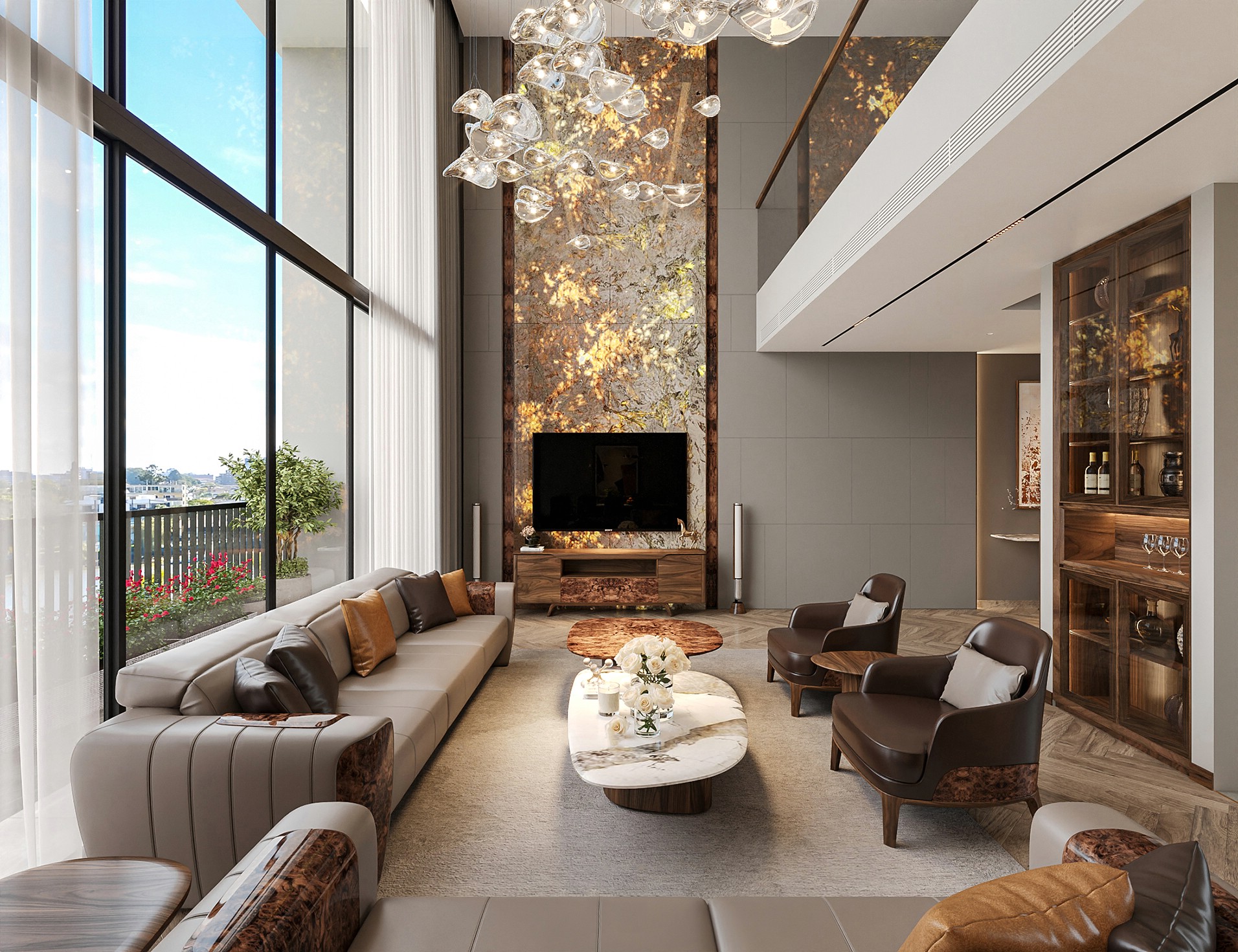 Thiết kế phòng khách đẹp sang trọng với vách đá xuyên sáng và bộ sofa da hiện đại Thiết kế phòng khách đẹp sang trọng với vách đá xuyên sáng và bộ sofa da hiện đại